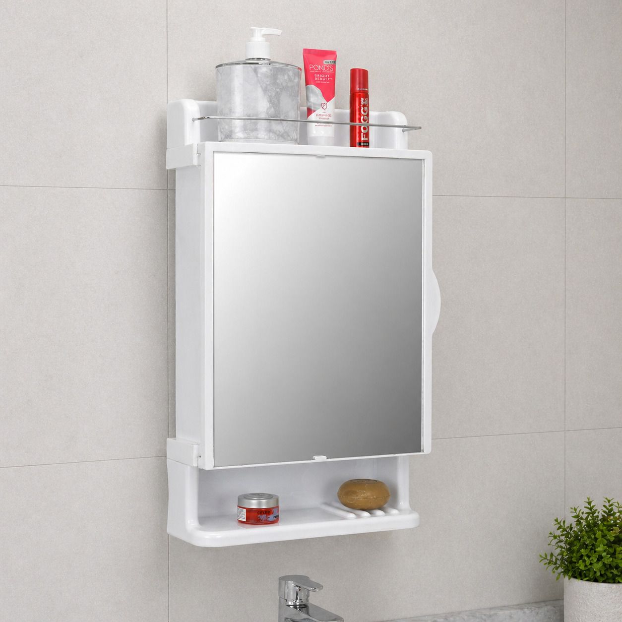 Rich Look Bathroom Mirror Cabinet white Plastic Wall Shelf-image-4
