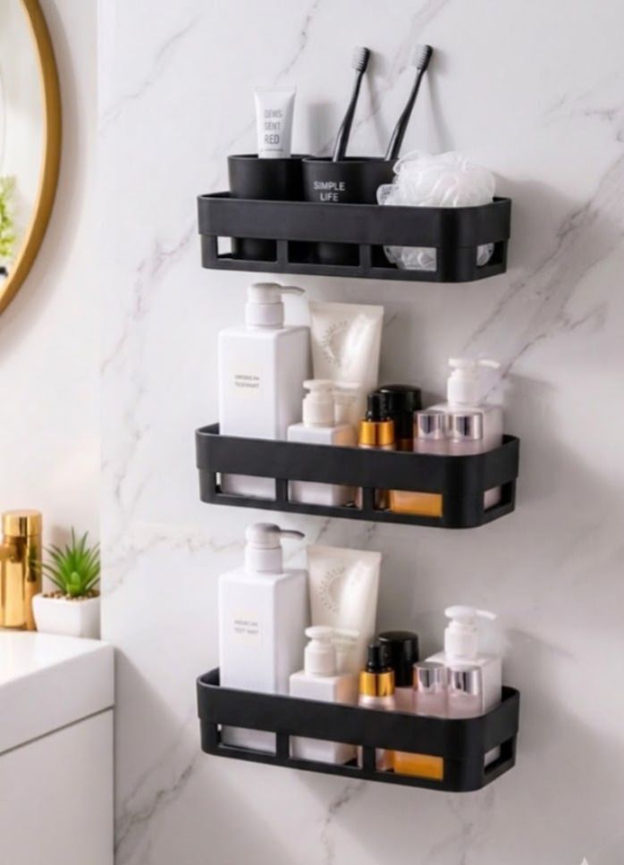 Wall Shelves Rack Bathroom Shelves Rack Stand Plastic - 3Pc (Black Color) Plastic Wall Shelf-image-12