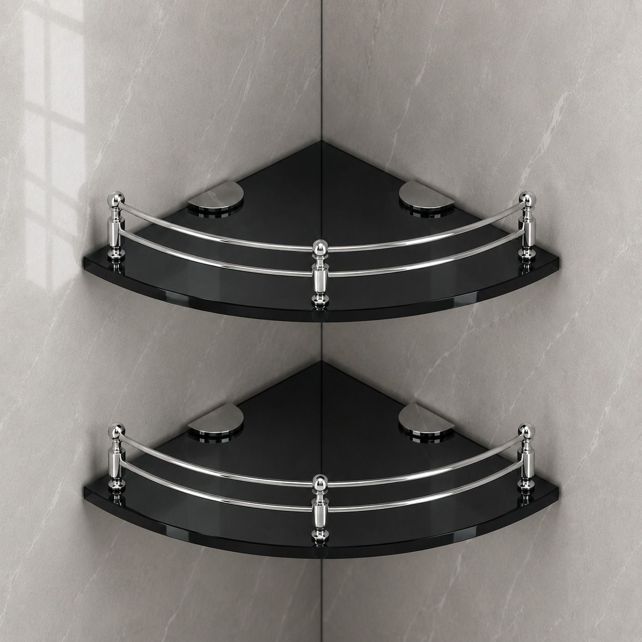 Black Glass Corner Bathroom Shelf Stainless Steel Railing (Number of Shelves-2) Glass, Stainless Steel Wall Shelf-image-42