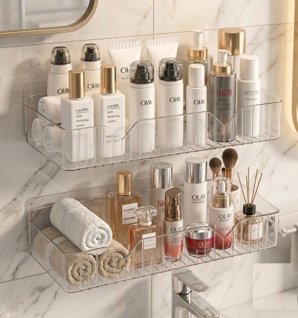 Self Adhesive Kitchen and Bathroom Shelves Wall Organizer Plastic Wall Shelf-image-0