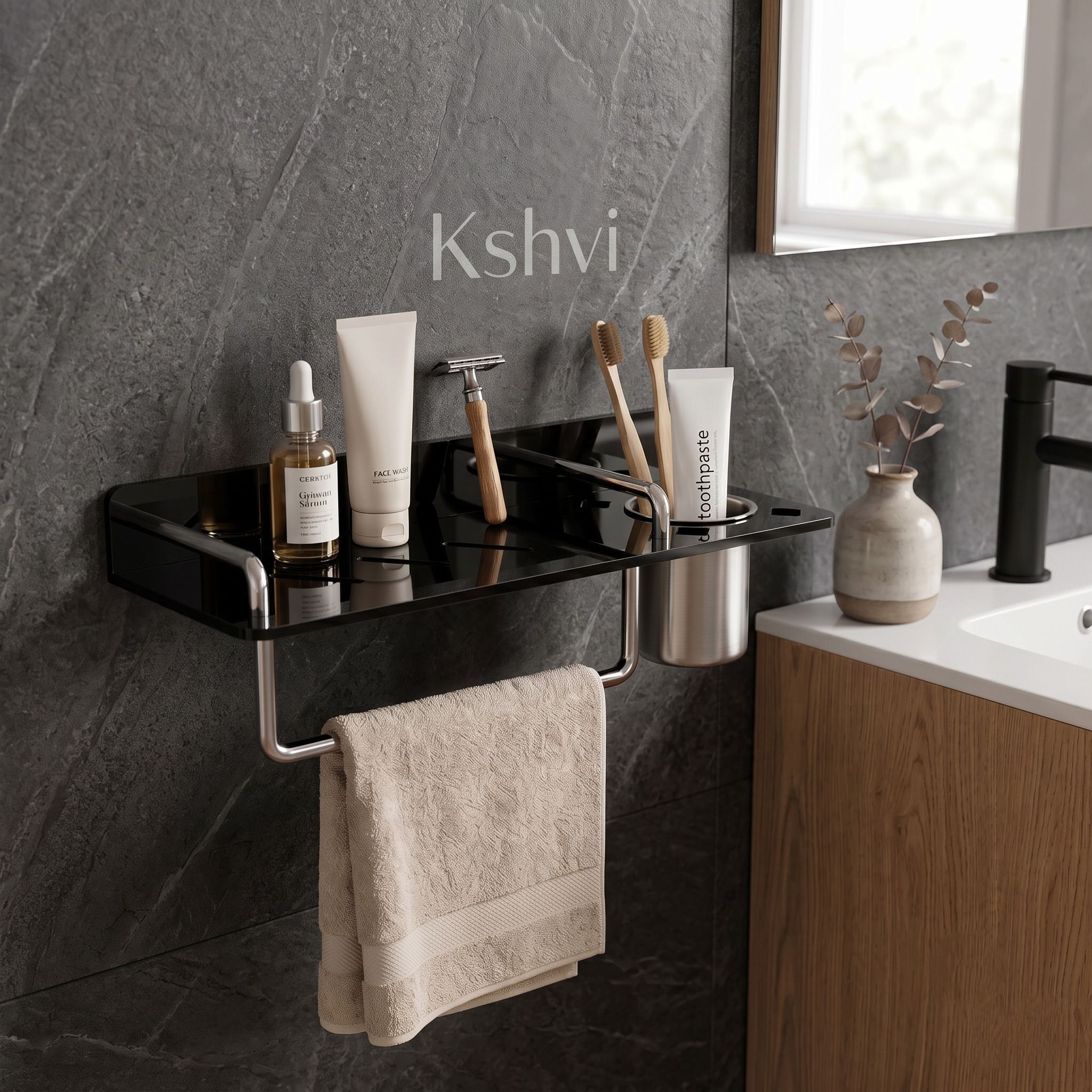 kshvi 15*5 Exclusive Black Multipurpose Acrylic 3 in 1 Bathroom Storage Shelf Acrylic, Stainless Steel Wall Shelf-picture-15