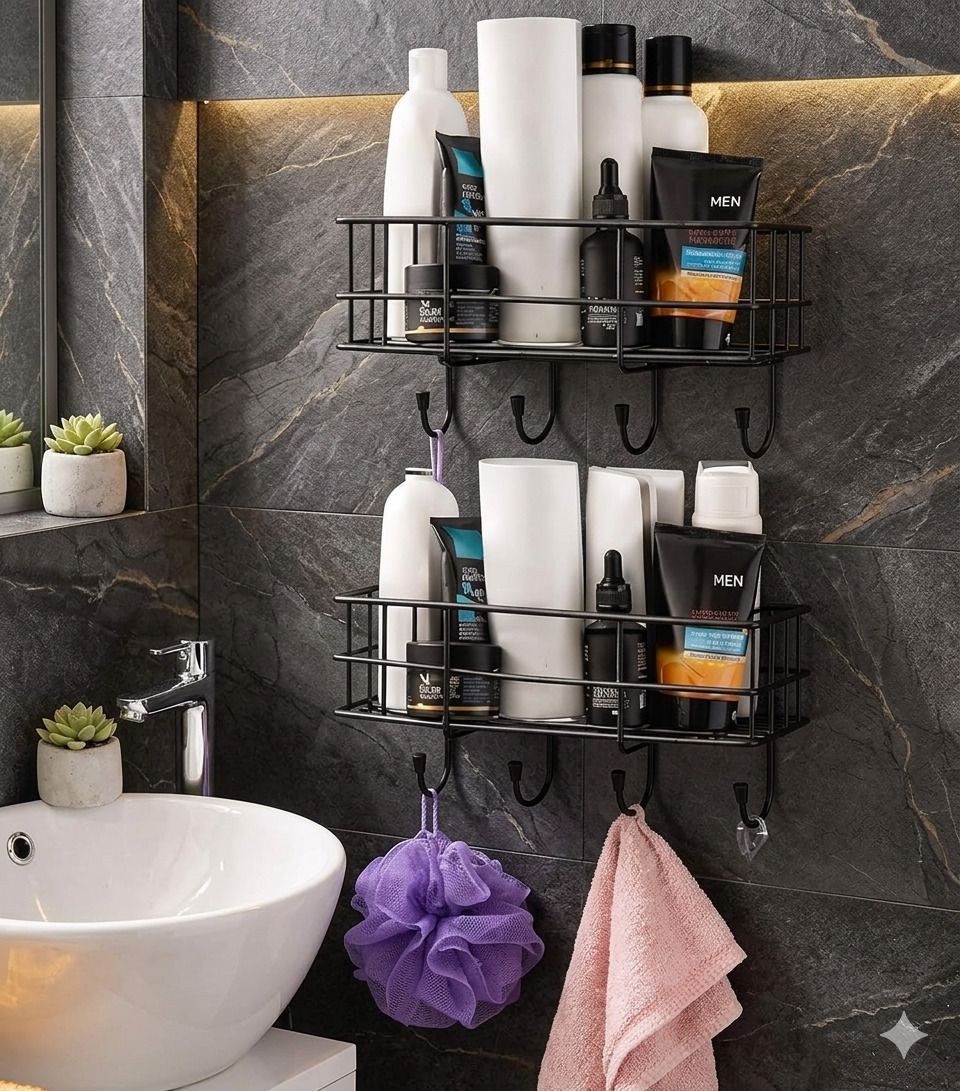 Wall Mounted Bathroom Shelf Rack with Hooks for Shampoo & Soap Storage Iron Wall Shelf-image-26