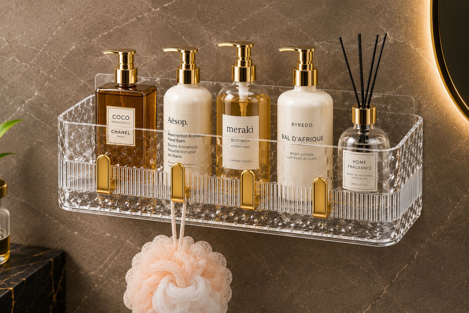 unetri-pro Self Adhesive Bathroom Rack with 4 Hooks| Waterproof Bathroom Storage Organizer Acrylic, Plastic Wall Shelf-picture-33