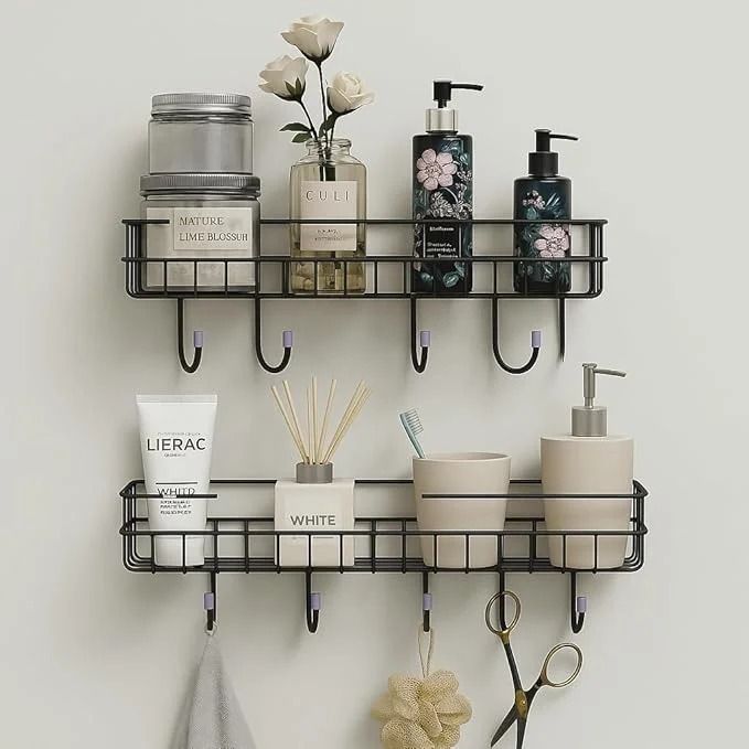 Metal Wall Mounted Bathroom Basket Rack with Utility Hooks Iron Wall Shelf-image-21