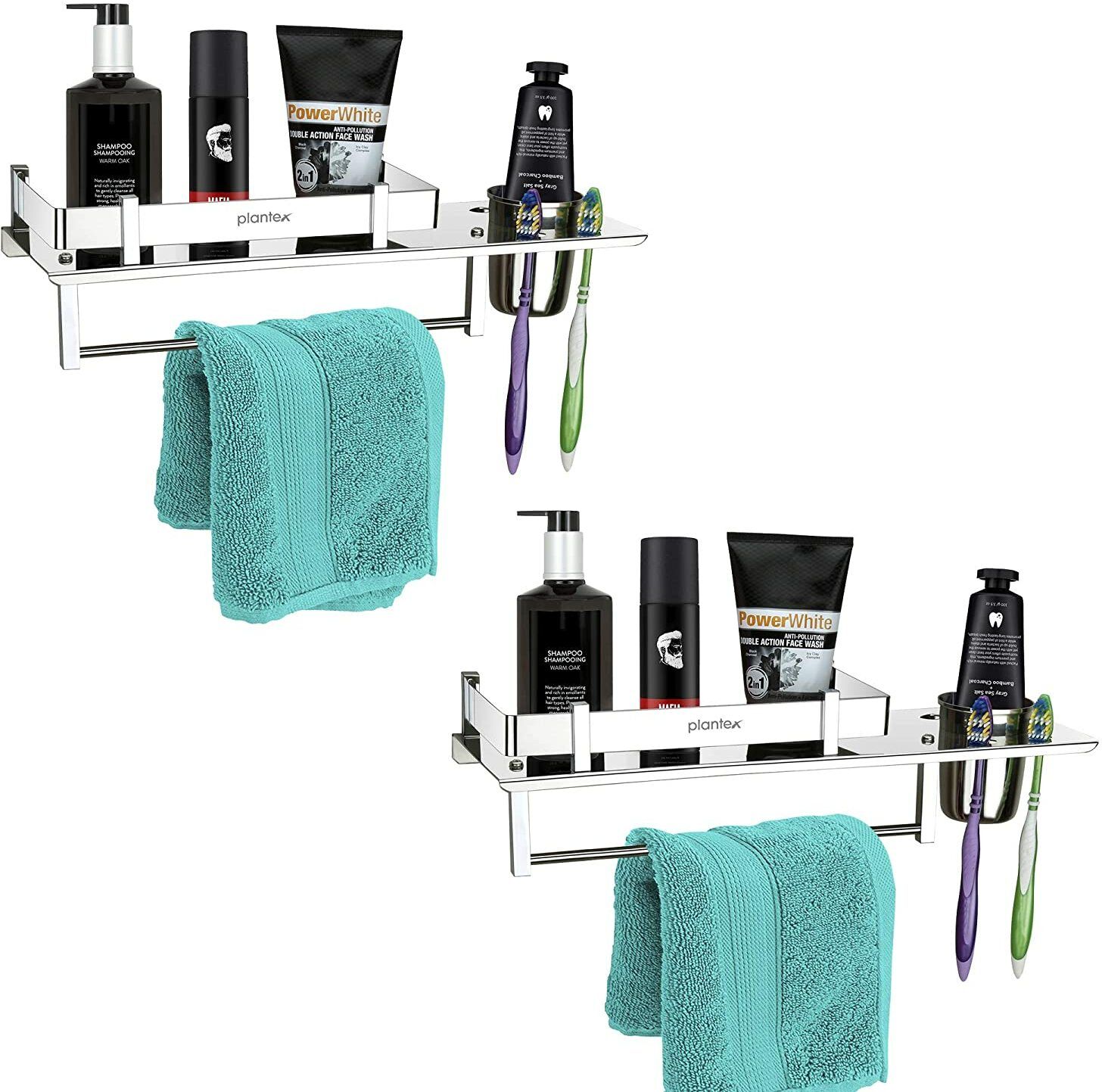 Stainless Steel 3 in 1 Multipurpose Bathroom Shelf/Rack/Towel Hanger/Tumbler Holder/Bathroom Accessories (15 x 6 Inches) - Pack of 2 Stainless Steel Wall Shelf-image-31