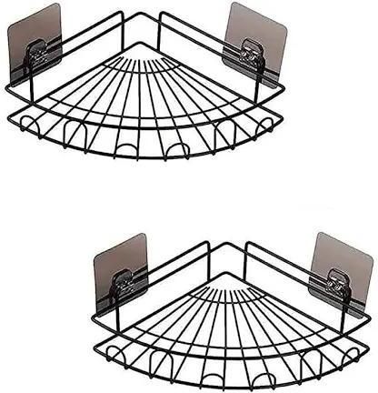 Corner Bathroom Shelf Pack of 2 – Black Metal Adhesive Wall Rack Stainless Steel Wall Shelf-image-3
