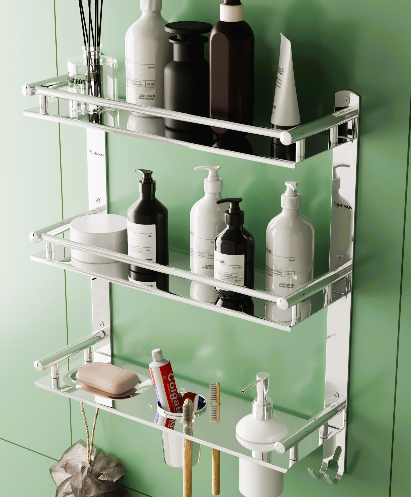 grivan Stylish Foldable Towel Rack/Holder/Shelf With Hooks And Hanger For Bathroom Stainless Steel Wall Shelf-picture-17