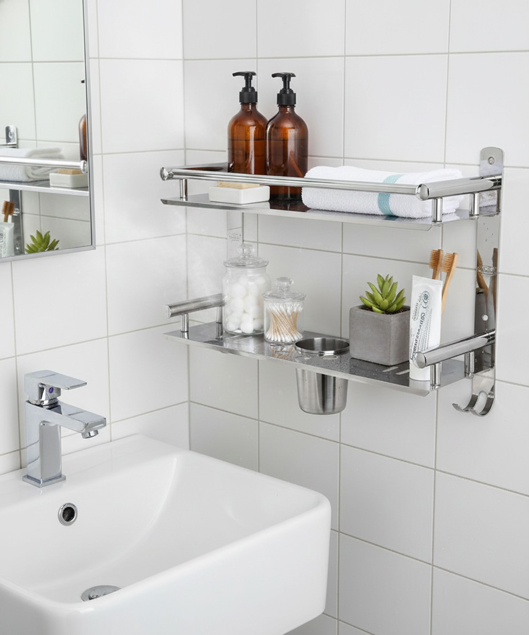 Stainless Steel 2 Tier Bathroom Shelf with Towel Holder & Toothbrush Holder Rack Steel Towel Holder-image-7