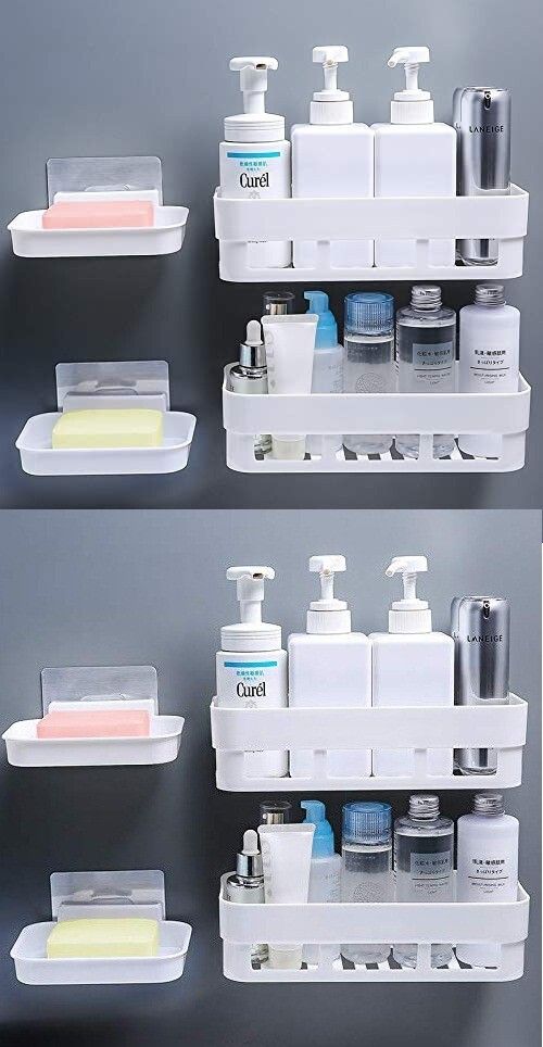 Bathroom Shelf Kitchen Shelf Soap Box Stand Combo - Wall Mount Bathroom Accessories for Home Decor with Self Adhesive Sticker - White (Combo Bathroom Shelves 4Pcs+ Soap Stand 4Pcs) Plastic Wall Shelf