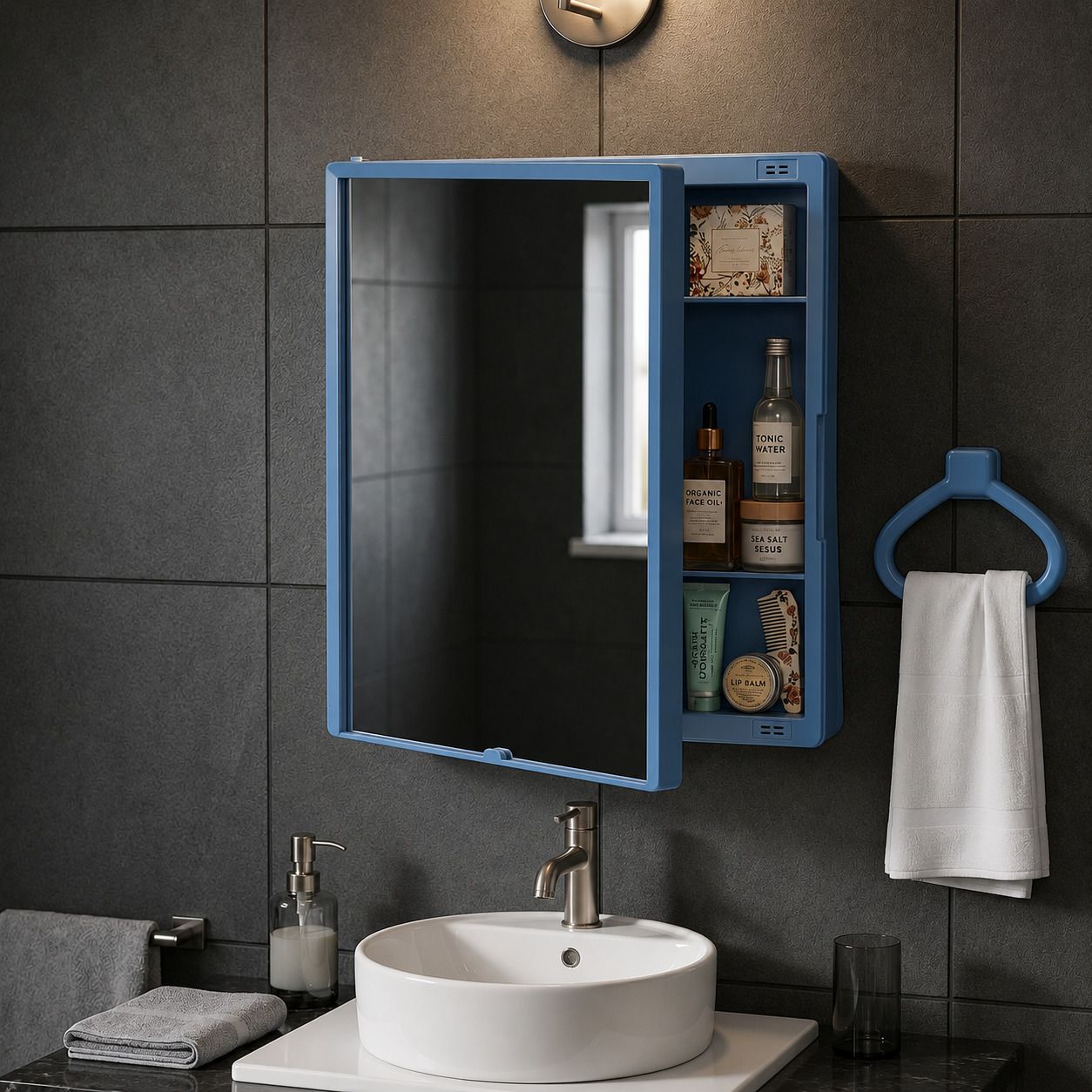 New Rich Look Bathroom mirror Cabinet | 4 Shelves Storage | With Towel Ring | Polypropylene Wall Shelf-image-18