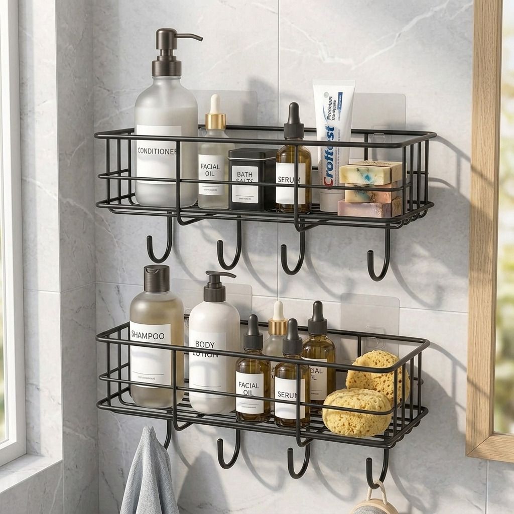 homels Bathroom Rack with Hooks Set of 2 Stainless Steel Organizer Without Drill Steel Wall Shelf-picture-32