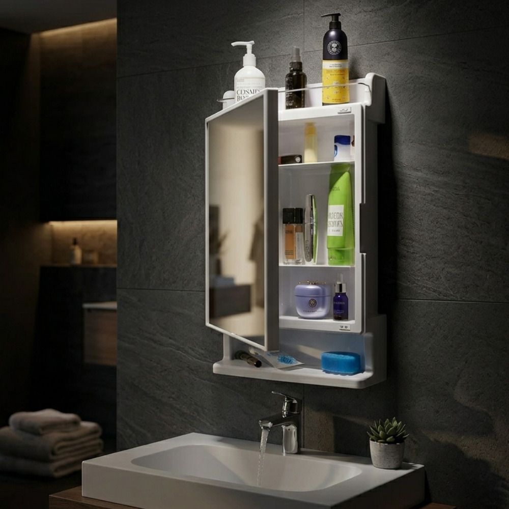 branco Rich Look Bathroom Mirror Cabinet | Mirror with Shelf | 4 Shelves Storage | Plastic, Glass Wall Shelf-picture-12