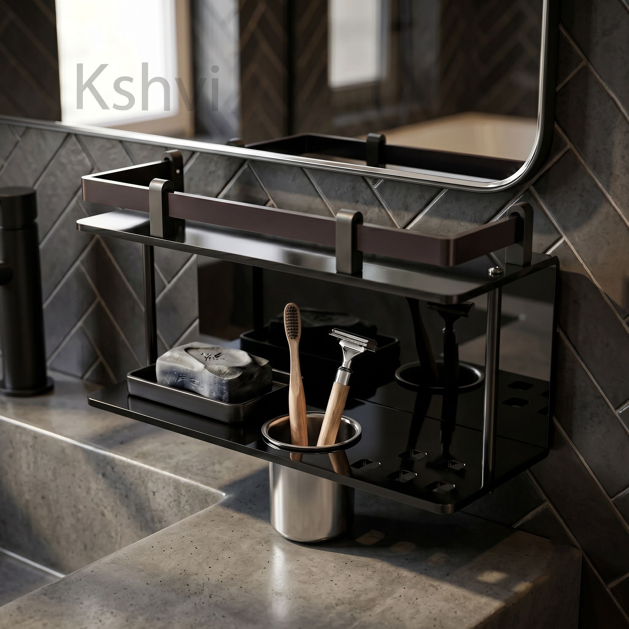 kshvi Modern Premium Acrylic 4 in 1 Bathroom Organizer with Toothbrush & Soap Holder Acrylic, Aluminium, Plastic, Stainless Steel Wall Shelf-picture-22