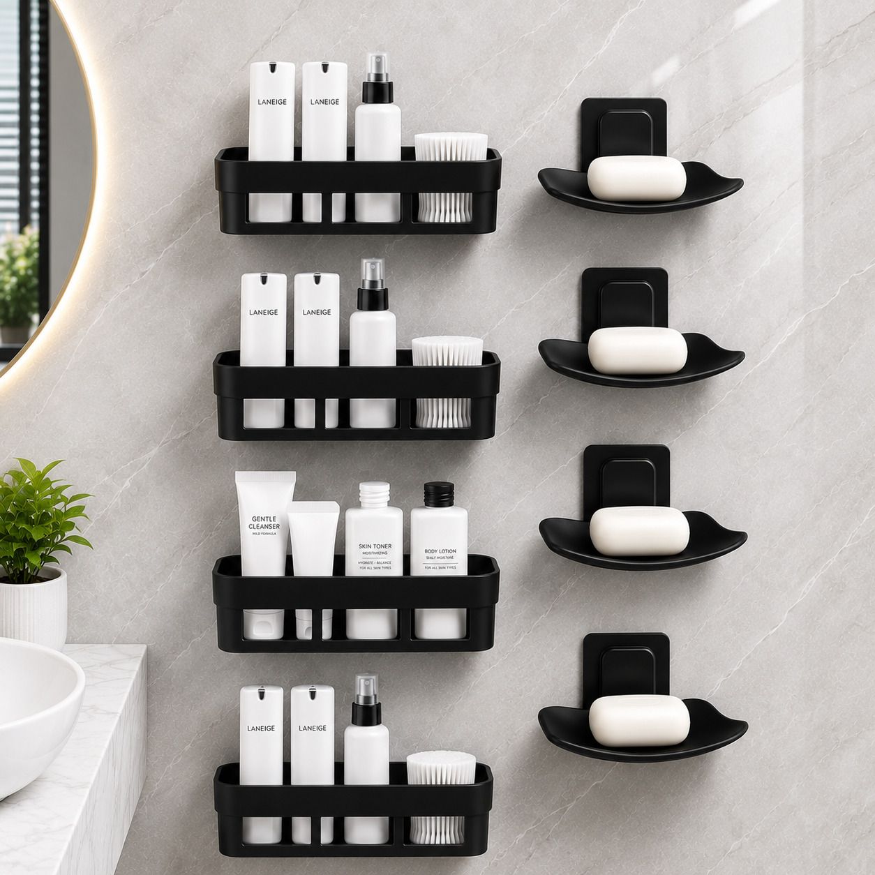 Black Bathroom Shelves 4 Pcs + Soap Stand 4 Pcs Multipurpose and Rack for Home Plastic Wall Shelf-image-6