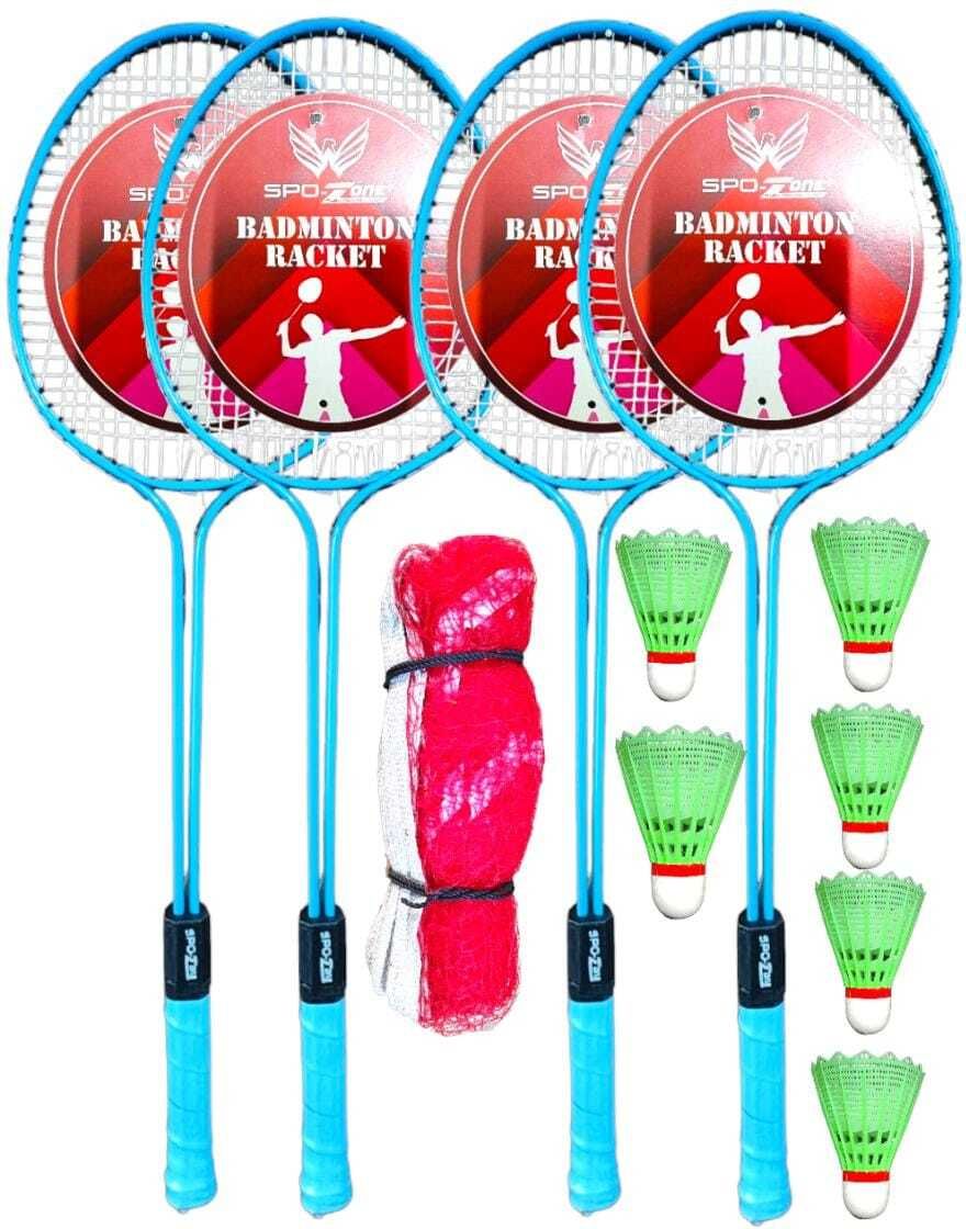 Double Shaft Alloy Body Racket Set OF 4 Piece With Shuttlecock & Net Combo Kit Blue, Multicolor Strung Badminton Racquet-image-9