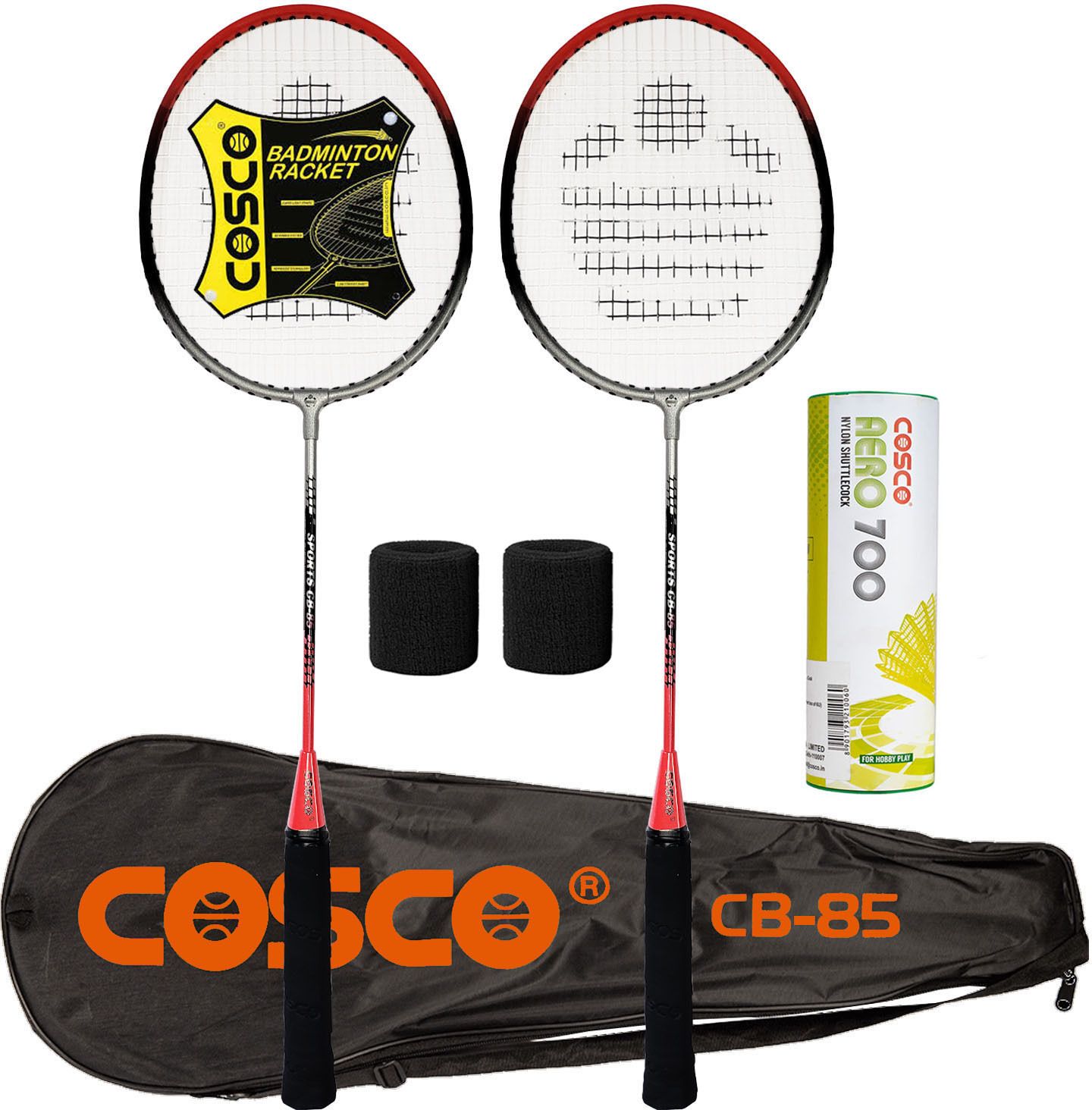 cosco CB 85 Aluminum Badminton-Racket Set of -2 with- 6 Pieces Nylon shuttles, 2 Band Orange Strung Badminton Racquet-picture-12