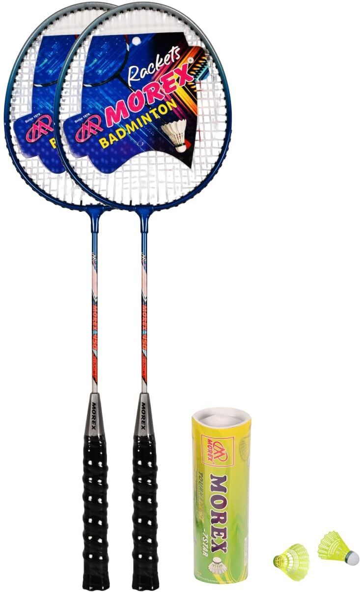 movex Morex Aluminium Badminton Racket [ Set of 2 ]with 6 Nylon Shuttlecock for Unisex Blue, Silver Strung Badminton Racquet-picture-10