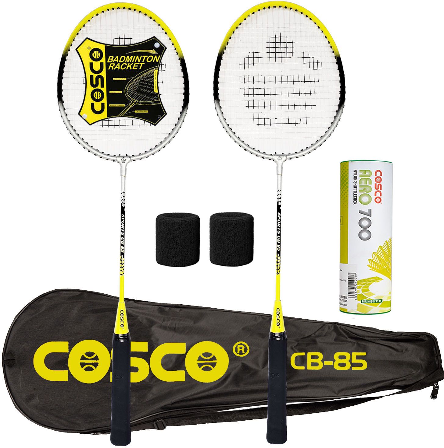 CB 85 Aluminum Badminton-Racket Set of -2 with- 6 Pieces Nylon shuttles, 2 Band Yellow Strung Badminton Racquet-image-2
