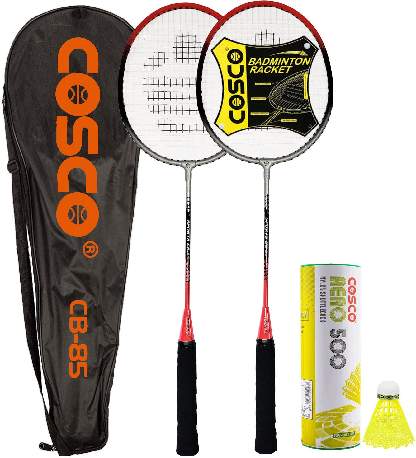 cosco cb-85, 2 racquet, aluminium frame, racket combo set, 6 piece nylon shuttle, band Orange Strung Badminton Racquet-picture-11