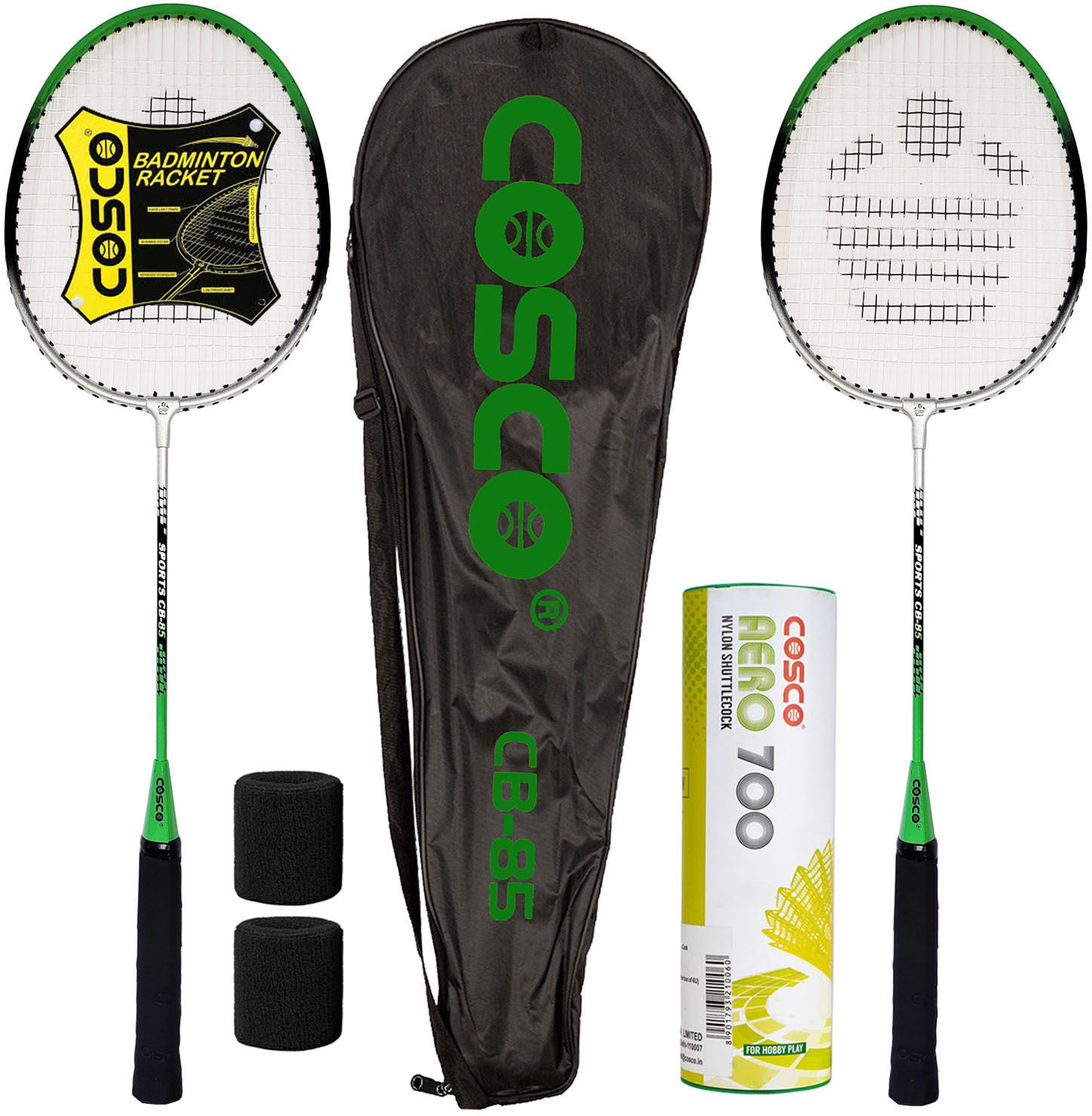 cosco CB-85 X 2 Racket With Aero 700 Shuttlecock (Wrist Band) Green, Black, Silver Strung Badminton Racquet-picture-22