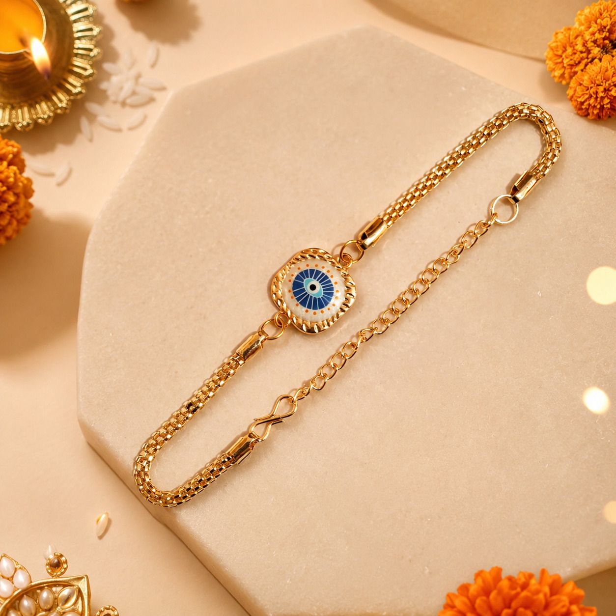 dp craft Bracelet Gold Polished Evil Eye Bracelet Rakhi| Designer Adjustable Rakhi for Brother Gold Finish Chawal Roli Pack Set-picture-28