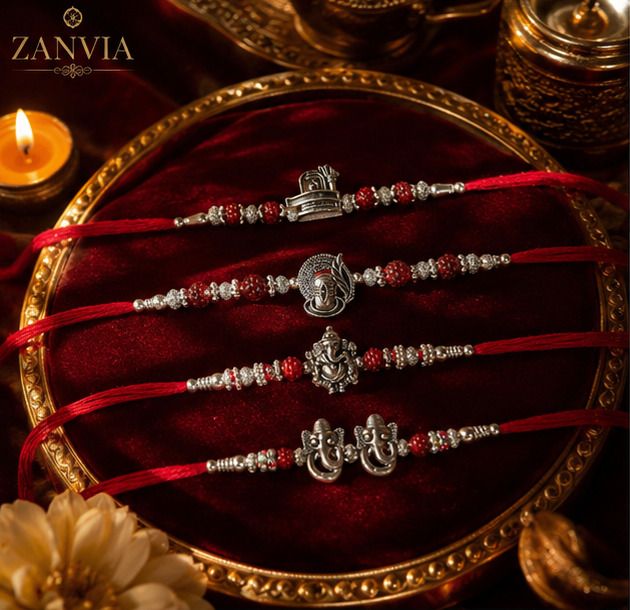 Designer Set of 4 Spiritual Rakhis: Lord Shiva and Ganesh with Roli Chawal For Bhai Mauli Thread Rakhi, Greeting Card, Chawal Roli Pack Set-image-27