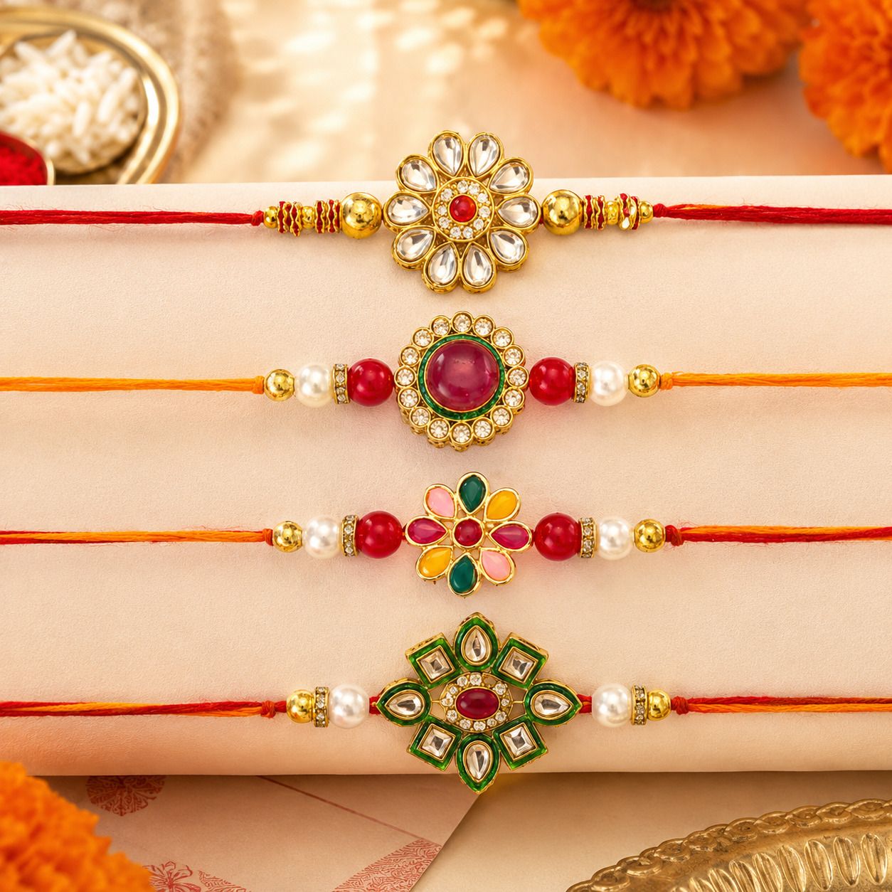lithisa Designer kundan rakhi combo for brother Mauli Thread, Pearl, Kundan Rakhi Set-picture-22