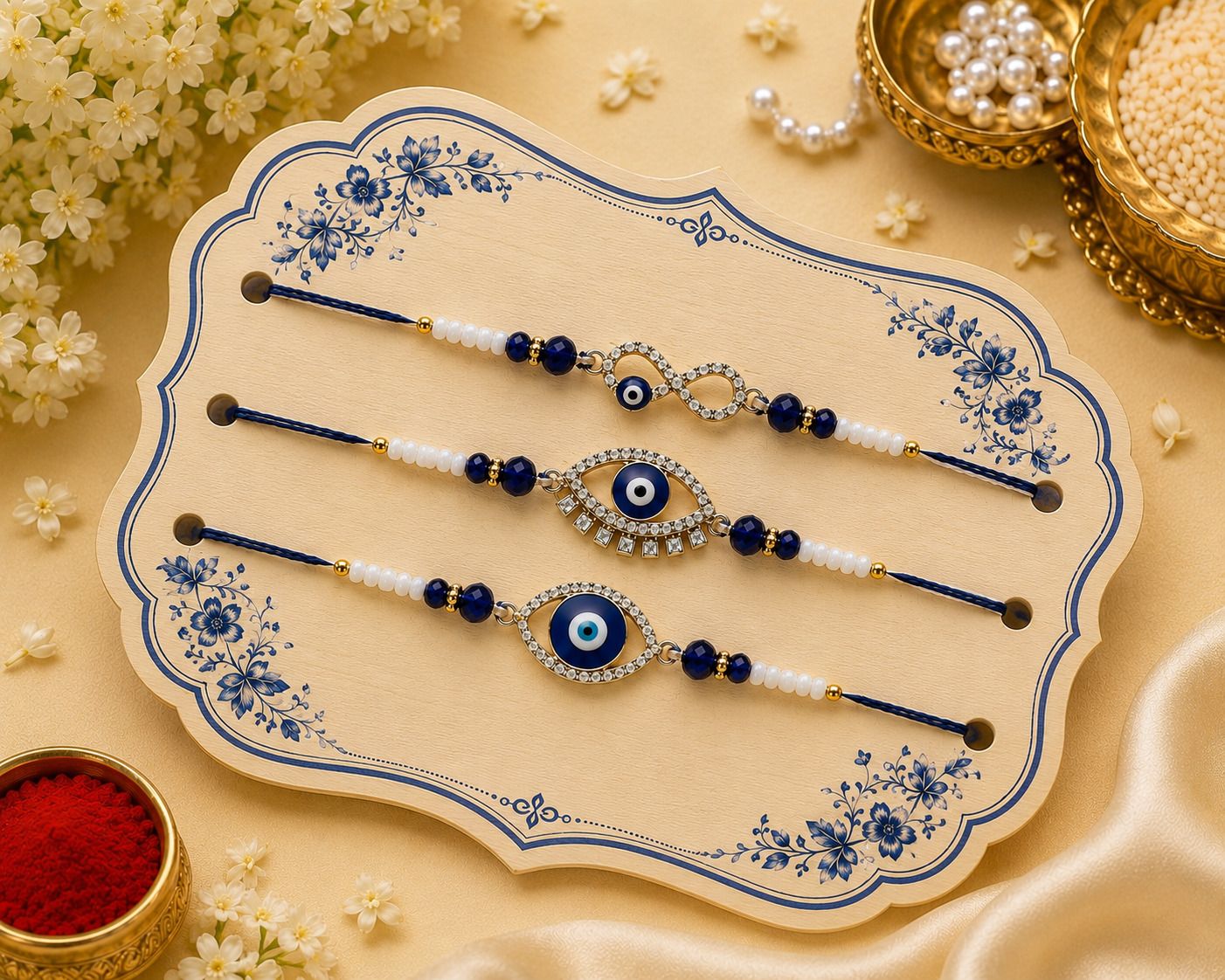 Thread 4029-Evil Eye Designer Rakhi Set of 3 for Brother Assorted, Mauli Thread, Plastic (PVC) Rakhi, Chawal Roli Pack, Greeting Card Set-image-9