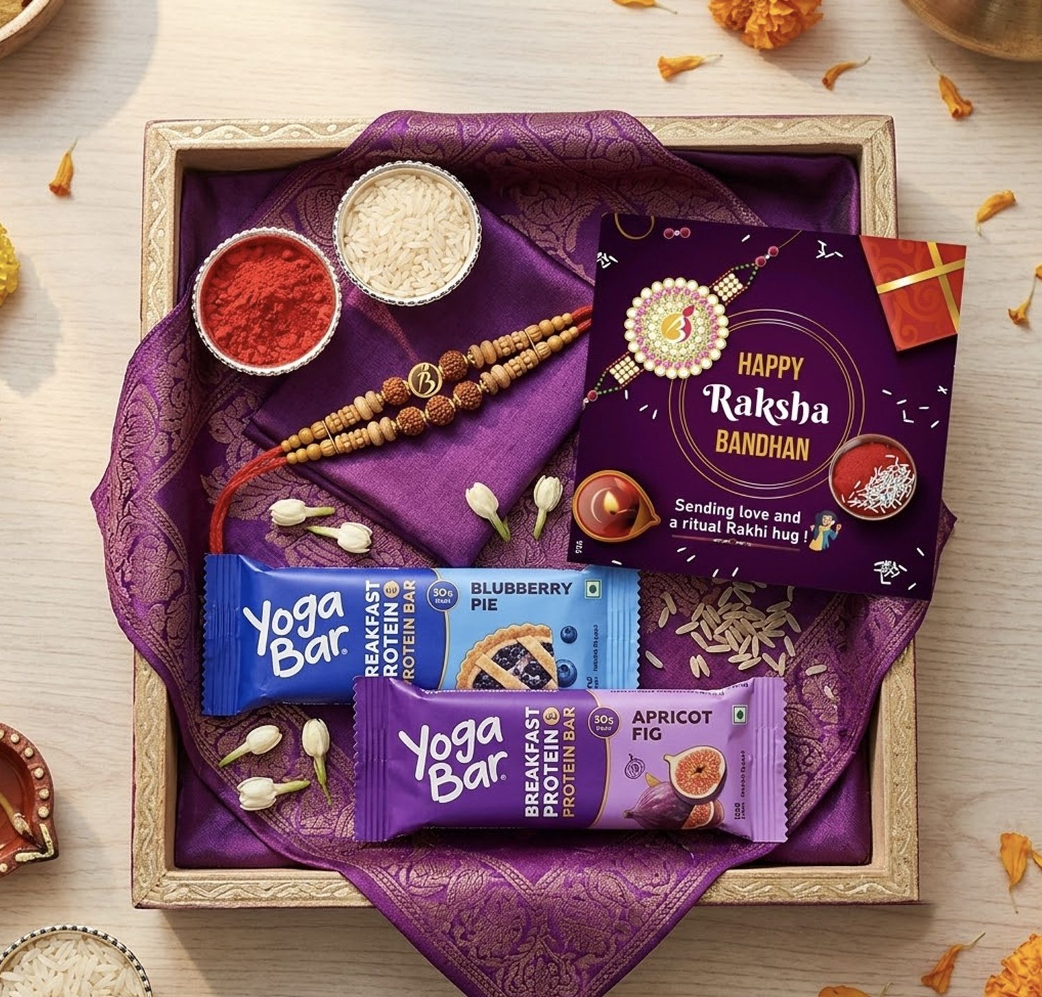 haengsyo Designer Yoga Bar Healthy Rakhi Gift Hamper, Greeting Card, 2 Protein Bars Mauli Thread Chawal Roli Pack, Greeting Card, Rakhi Set-picture-48