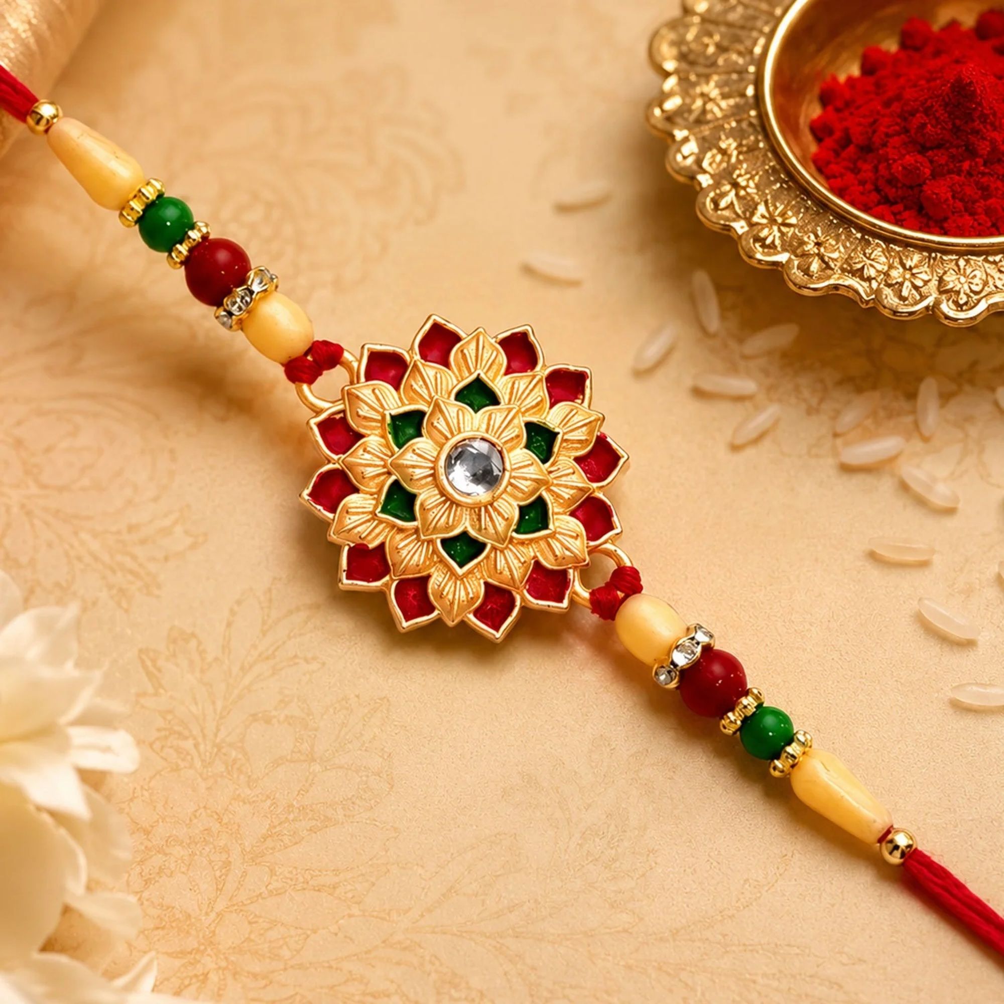 mercon Designer Flower Design Rakhi, Elegant Floral Thread For Brother Kundan, Gold Rakhi Set-picture-26