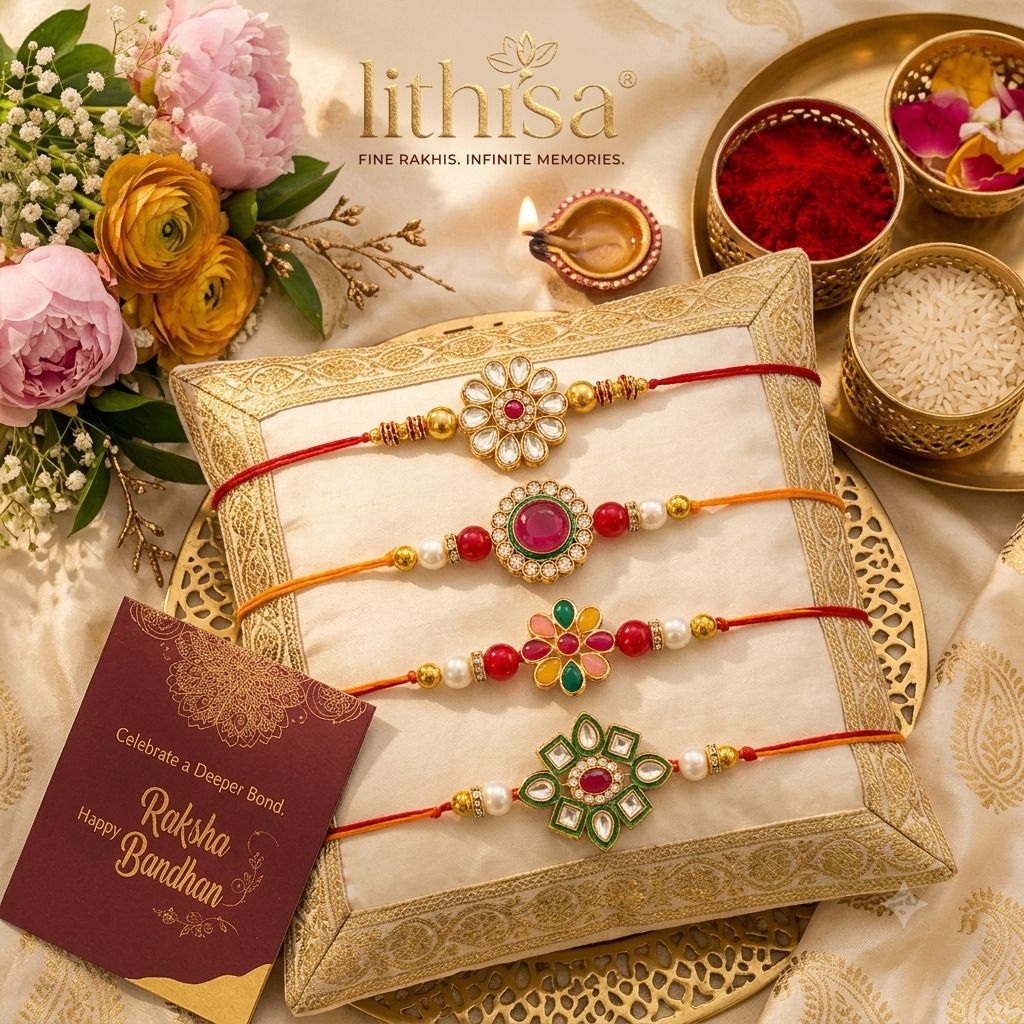 lithisa Designer Kundan rakhi combo 4 rakhi | rakhi set | bhai rakhi Mauli Thread, Pearl, Kundan Rakhi Set-picture-27