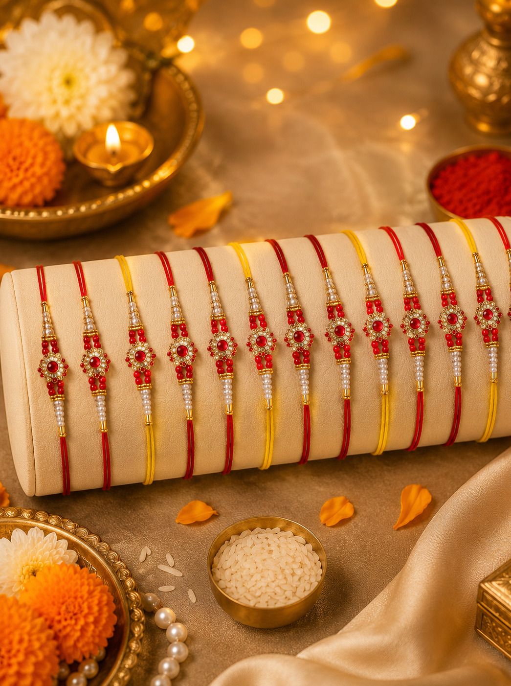 p. r. prints Designer Designer Pearl Stone Rakhi Set of 12 for Brother Premium Handmade Raksha Bandhan Mauli Thread Rakhi Set-picture-31