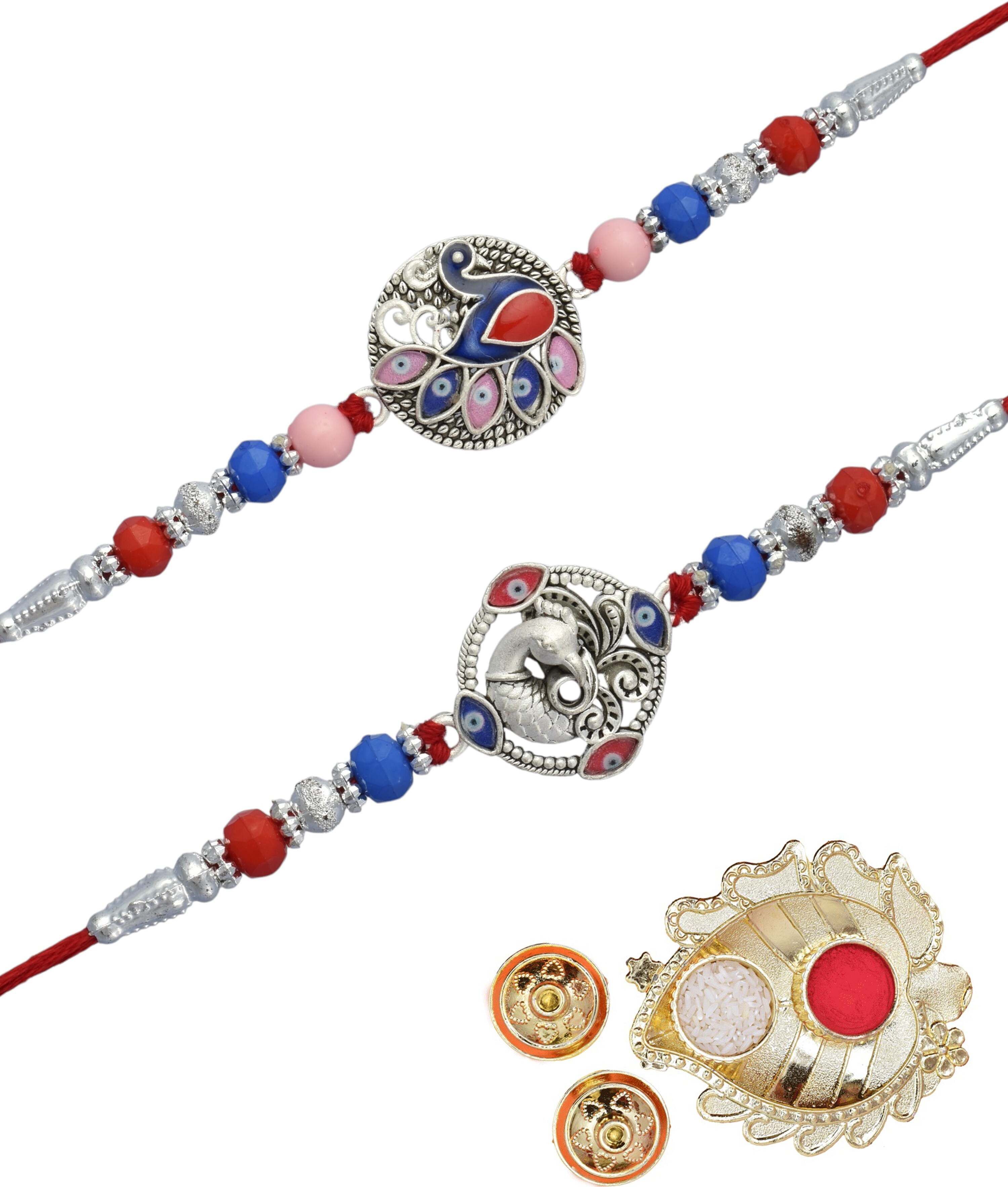 Religious New Stylish German Silver set of 2 Rakhi with Puja Thali Raksha Bandhan Gift-6 Assorted, Silver, Mauli Thread Chawal Roli Pack, Greeting Card, Rakhi, Thali Set-image-1