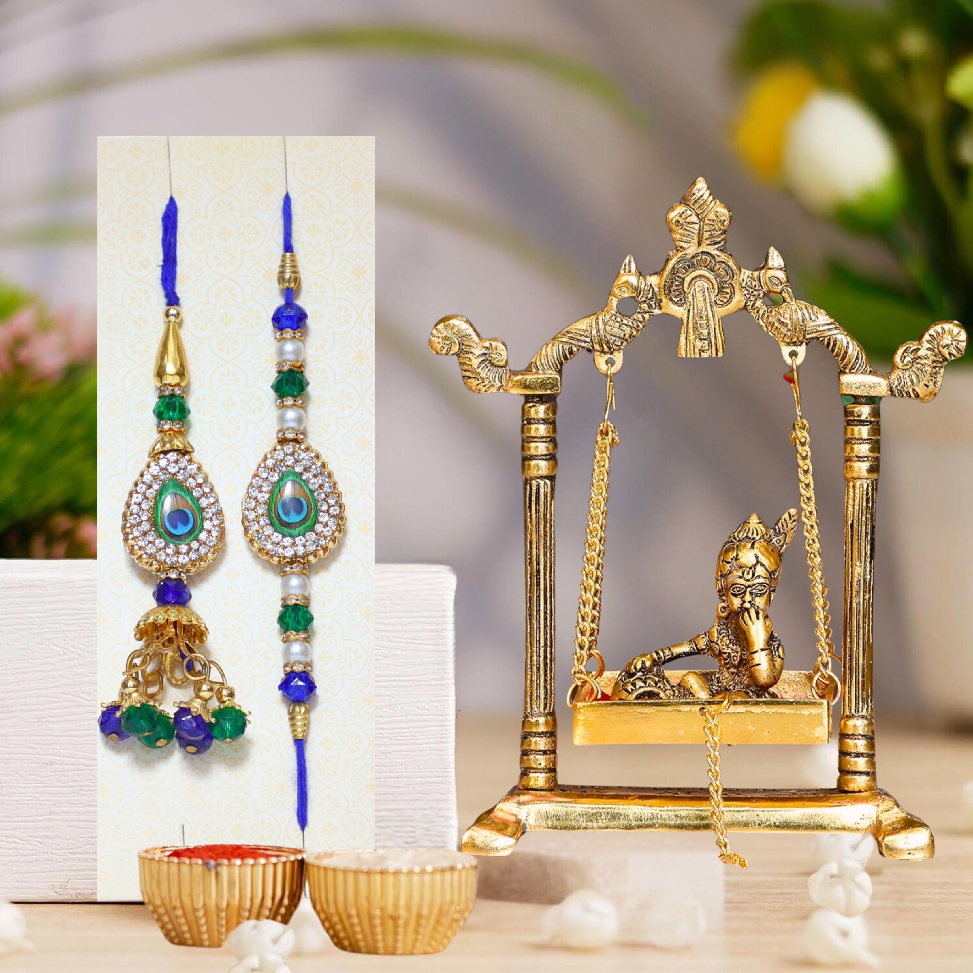 Bhaiya Bhabhi Bhaiya Bhabhi Rakhi Combo Gift Set Assorted, Gold, Gold Finish, Jute, Kundan, Mauli Thread, Pearl, Yarn Rakhi, Chawal Roli Pack, Showpiece Set-image-47