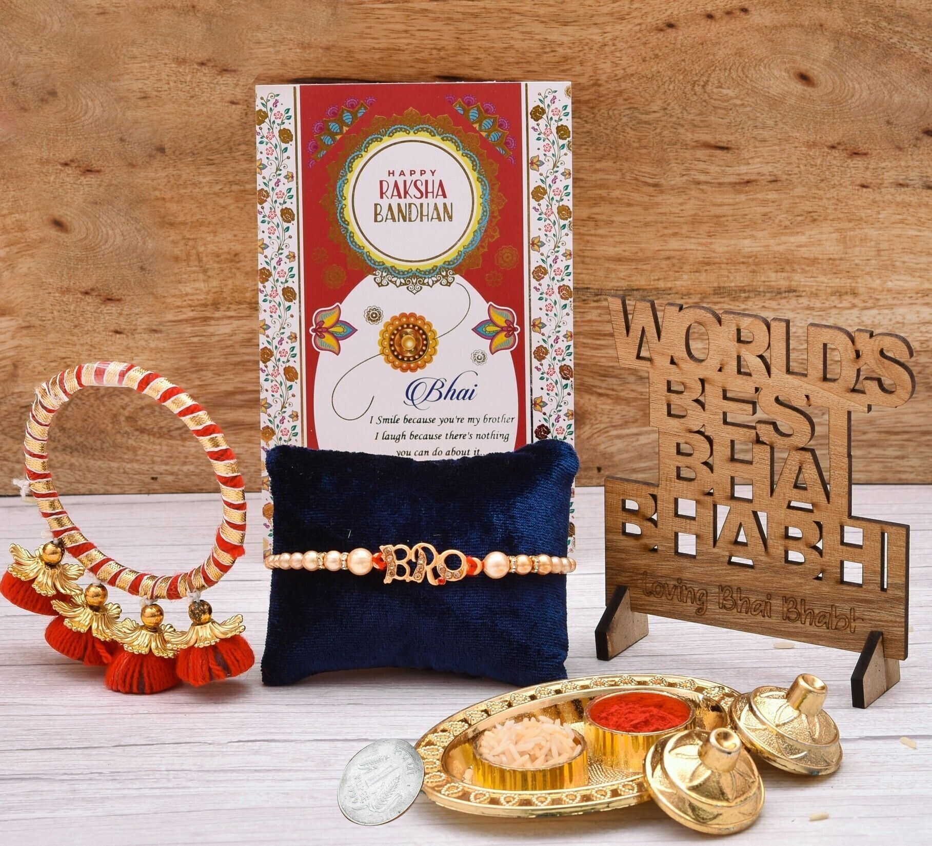 pride store Bhaiya Bhabhi Bro Rakhi Kada Rakhi Set With Small Thali And Wooden Showpiece Mauli Thread Rakhi, Showpiece, Thali, Greeting Card, Chawal Roli PackSet-picture-28