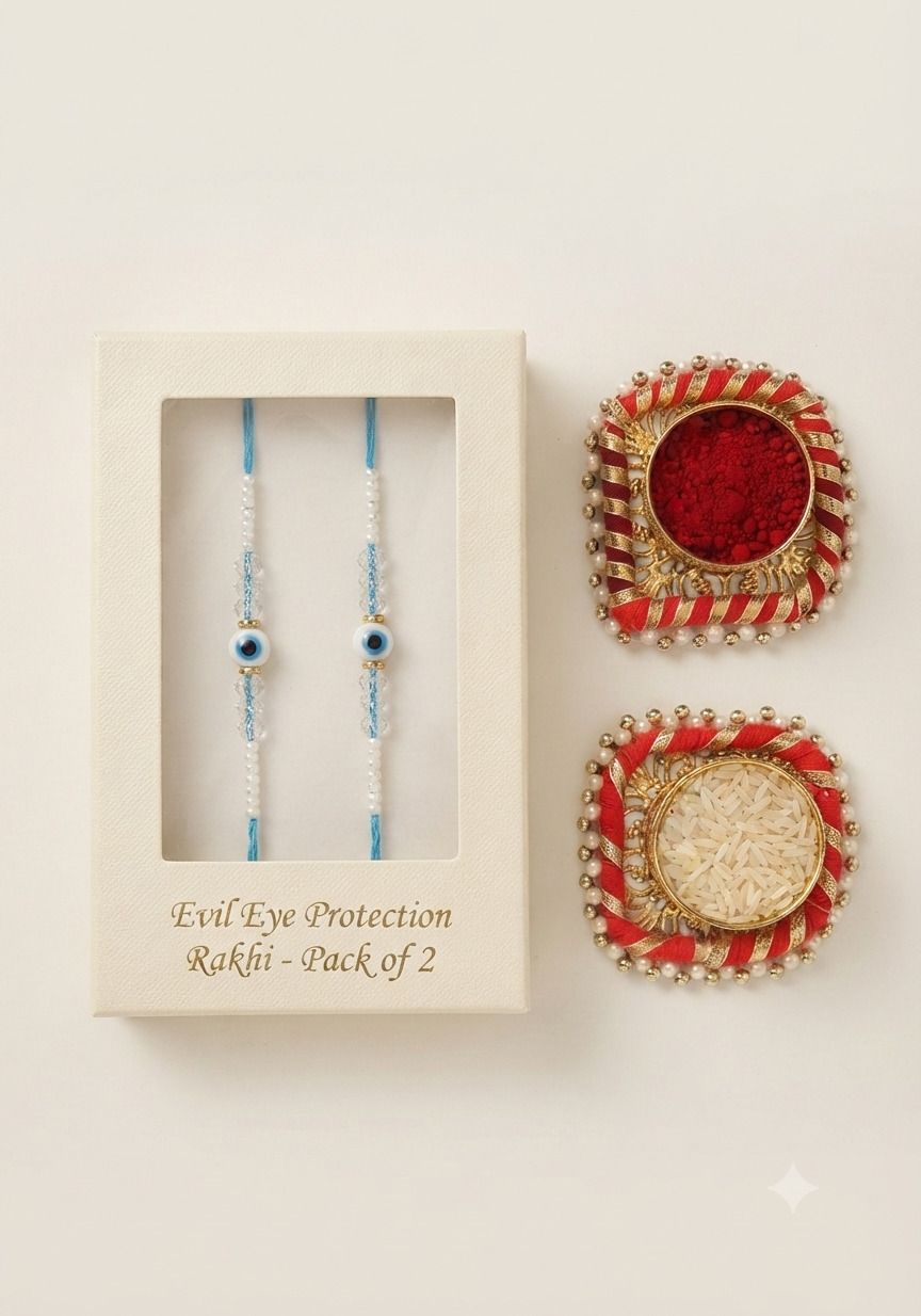 Designer Pack of 2 : SKYBLUE EVIL WHITE BEAD AMULET RAKHI Mauli Thread Rakhi Set-image-40