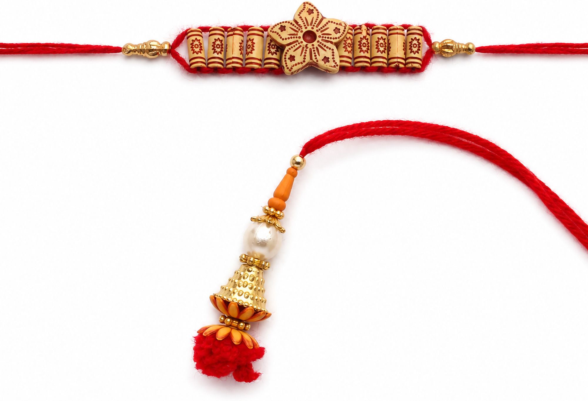 Bhaiya Bhabhi RNG-RK-BB-REDJHM-2-26 Pearl, Gold Finish Rakhi, Lumba, Chawal Roli Pack Set-image-36
