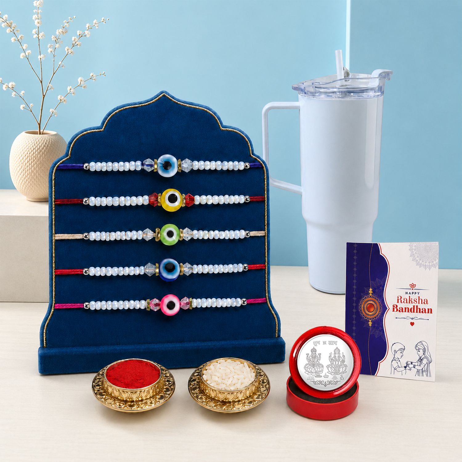 deodap Designer Rakhi With Tumbler|Roli-chawal|Coin|Greeting Card_K5_NC524+11292 Assorted Rakhi Set-picture-15