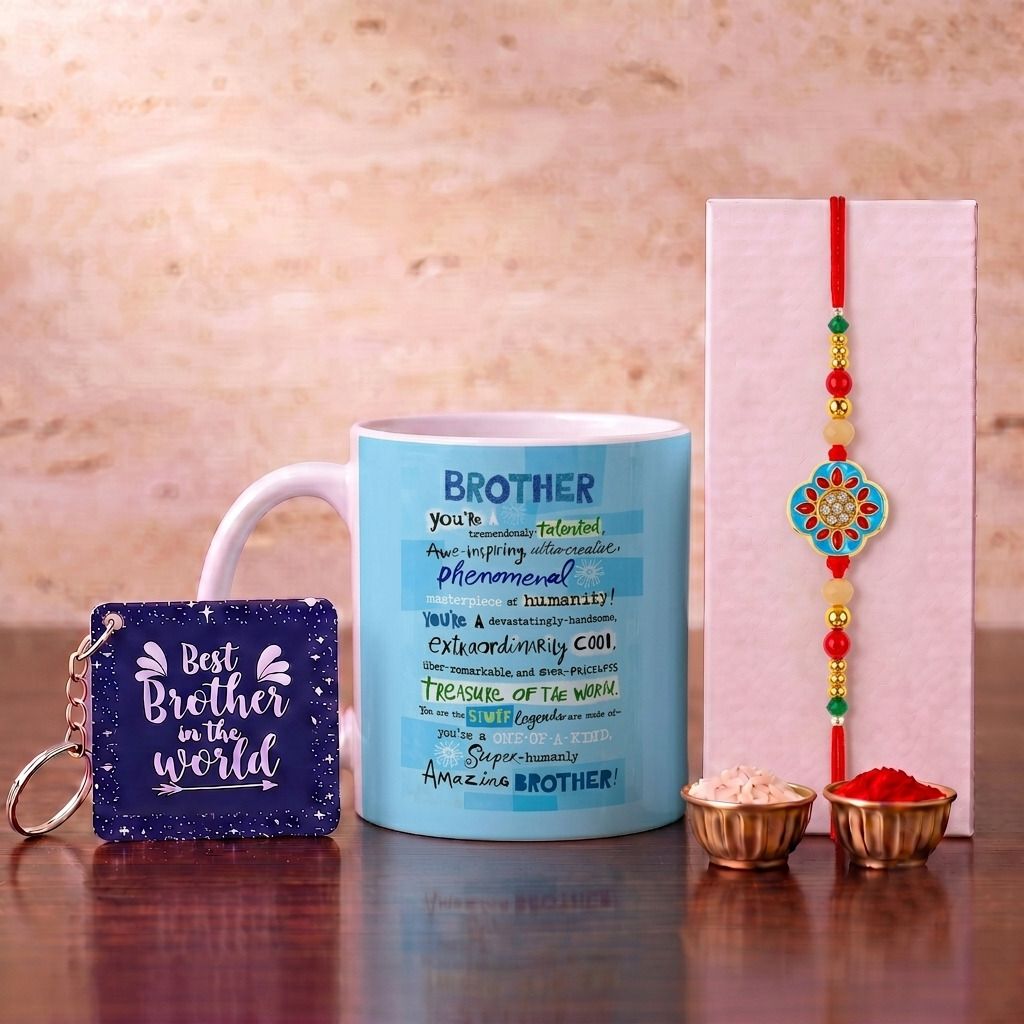 expleasia Designer MugCombo-Keychain-113 Mauli Thread Mug, Key Ring, Chawal Roli Pack, Rakhi Set-picture-0