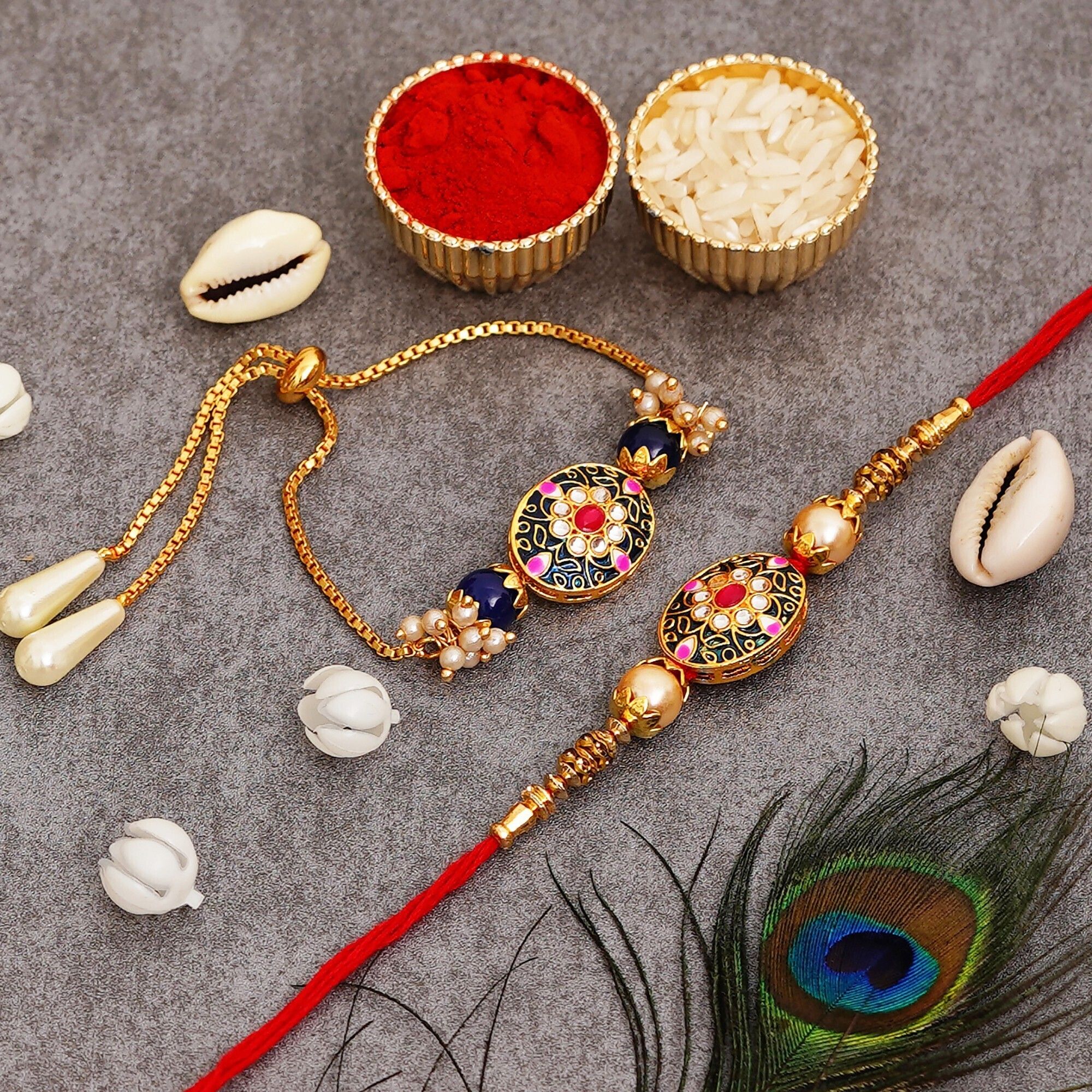 shubham jewellers Bhaiya Bhabhi RAKHI224@55 Gold Finish Rakhi, Chawal Roli Pack Set-picture-10