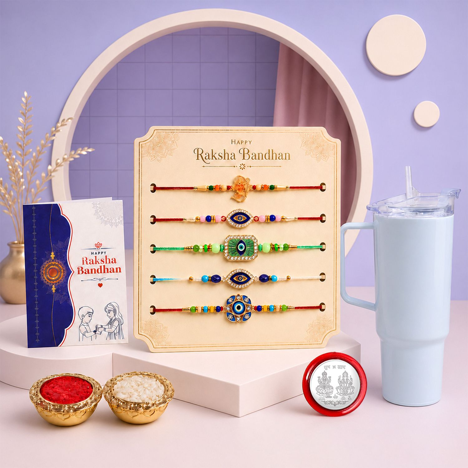 deodap Designer Rakhi With Tumbler|Roli-chawal|Coin|Greeting Card_K5_NC546+11292 Assorted Rakhi Set-picture-42