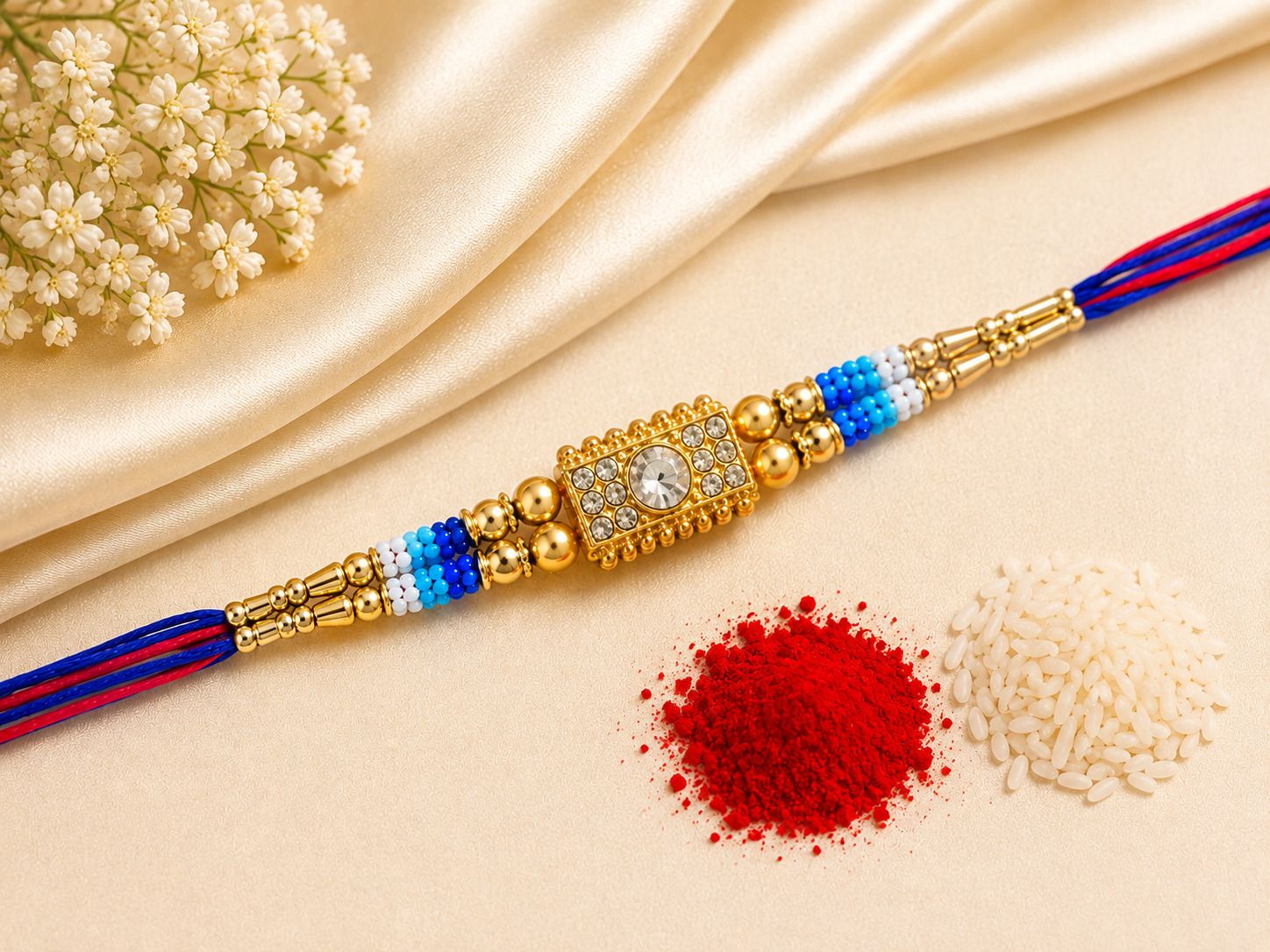 Bracelet Rakhi_With_Ad_Blue_color Mauli Thread Chawal Roli Pack Set-image-9