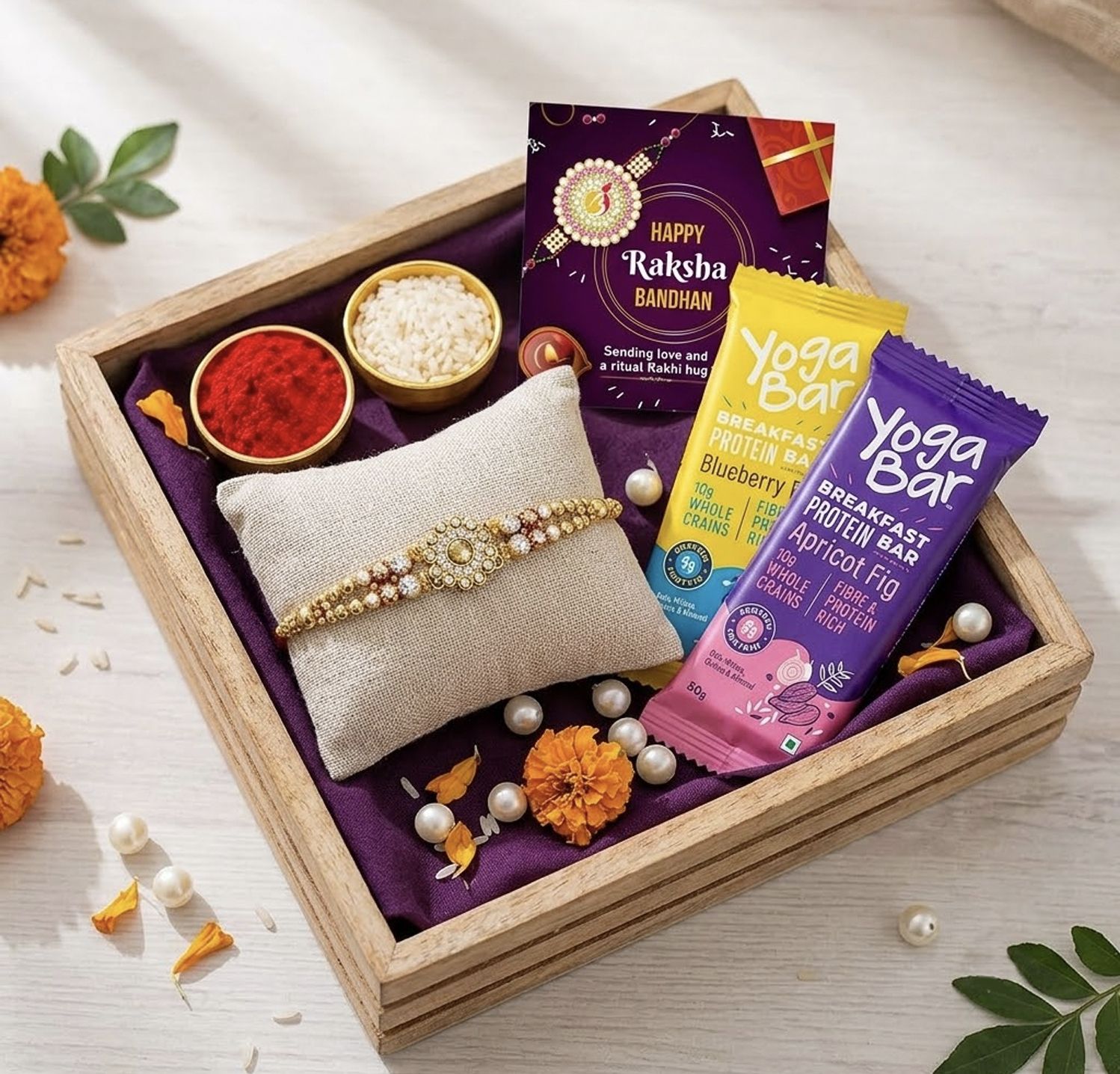 Designer Yoga Bar Healthy rakhi gift hamper brother set rakhi for brothers set Mauli Thread Chawal Roli Pack, Greeting Card, Rakhi Set-image-4