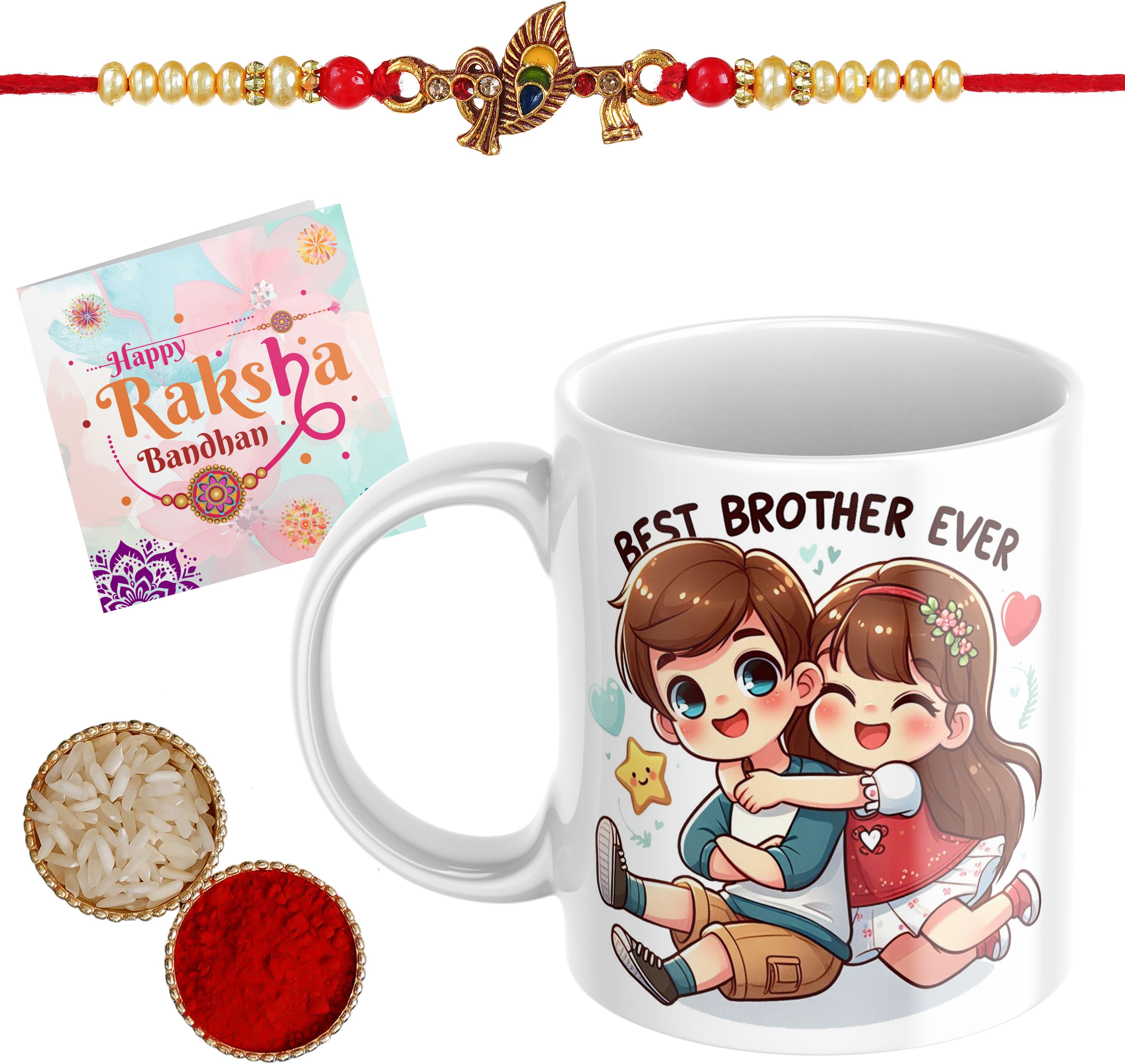 Designer Rakhi & Coffee Mug Gift Set for Brother | Pack of 4 Bro186_RKI42 Assorted Chawal Roli Pack, Greeting Card, Rakhi, Mug Set-image-22