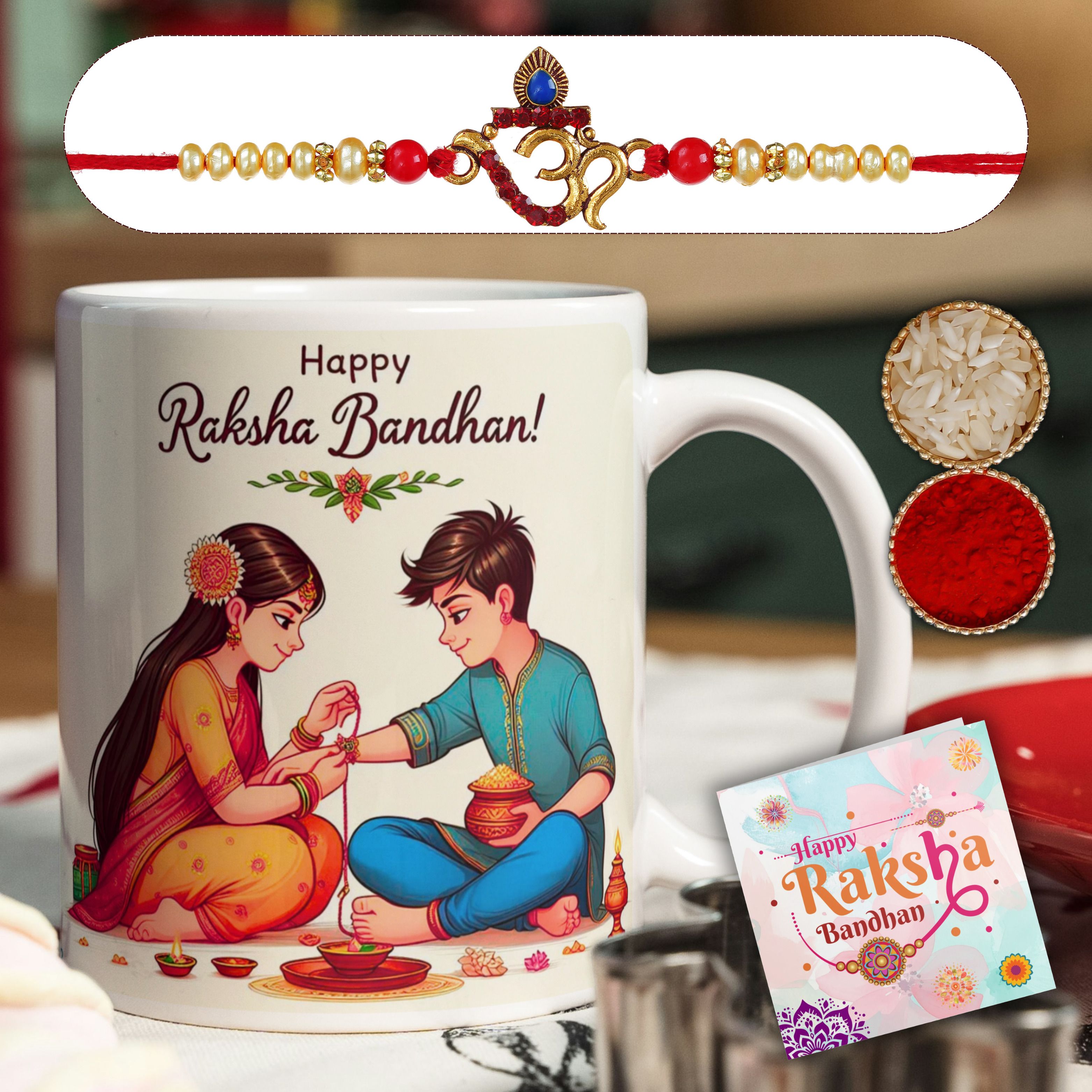 Designer Best Rakhi for Brother with Coffee Mug Gift Combo (Pack of 4) RakhiMug-Set07 Assorted Rakhi, Mug, Greeting Card, Chawal Roli Pack Set-image-15