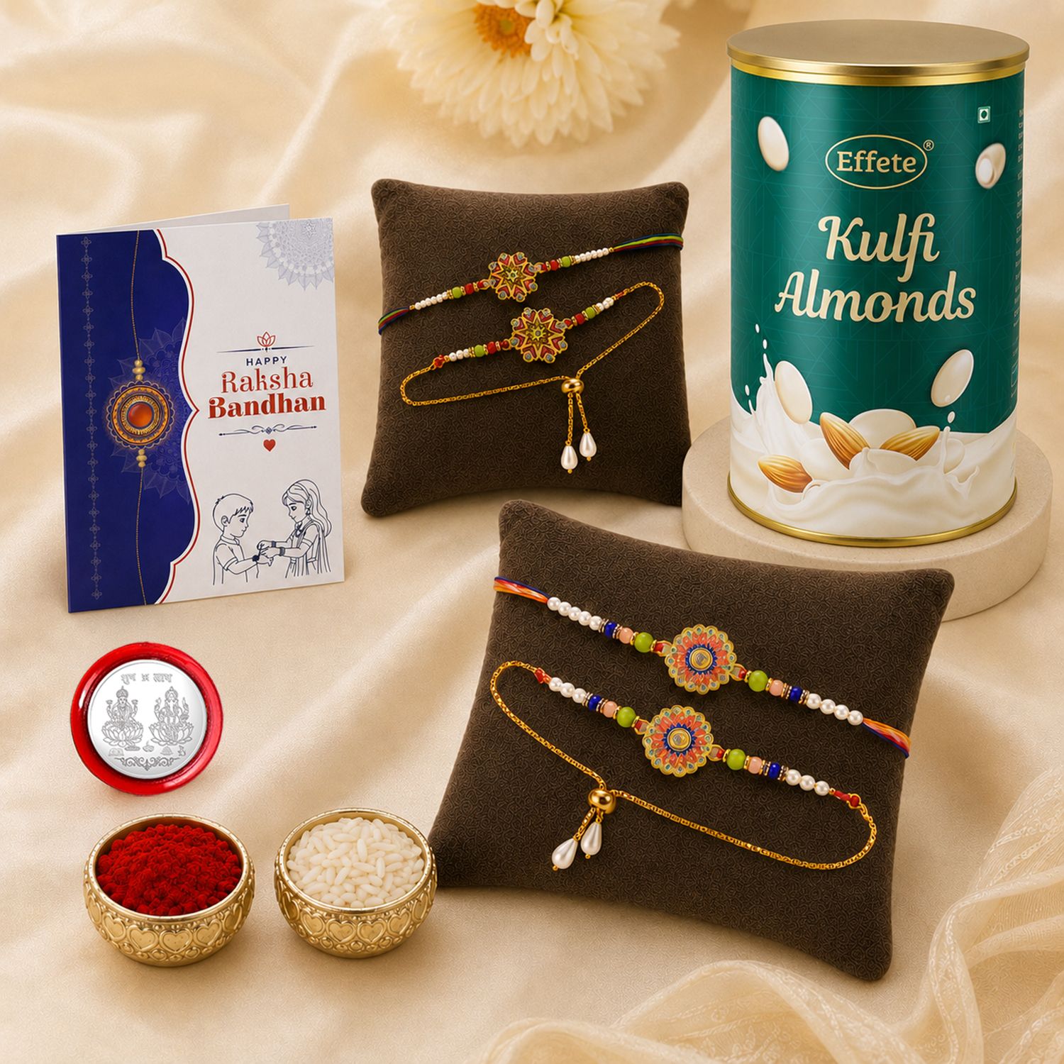 Designer Rakhi Set-4|Chocolate Kulfi Almond(96g)|Roli Chaval|K2_B3752+B3753_KA96 Assorted Gift Box-image-16
