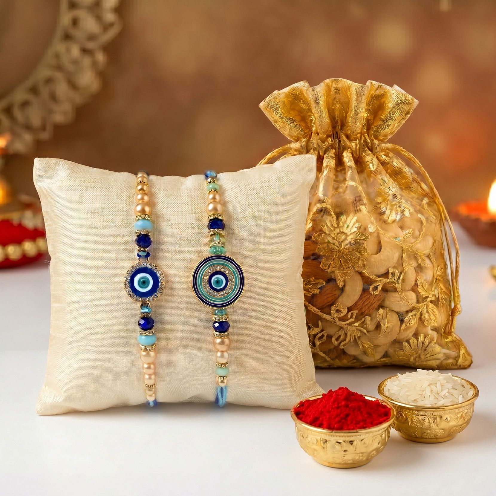 Designer Blue Eye Protection Rakhi Gift Set with Dry Fruits Assorted Bag Set-image-44
