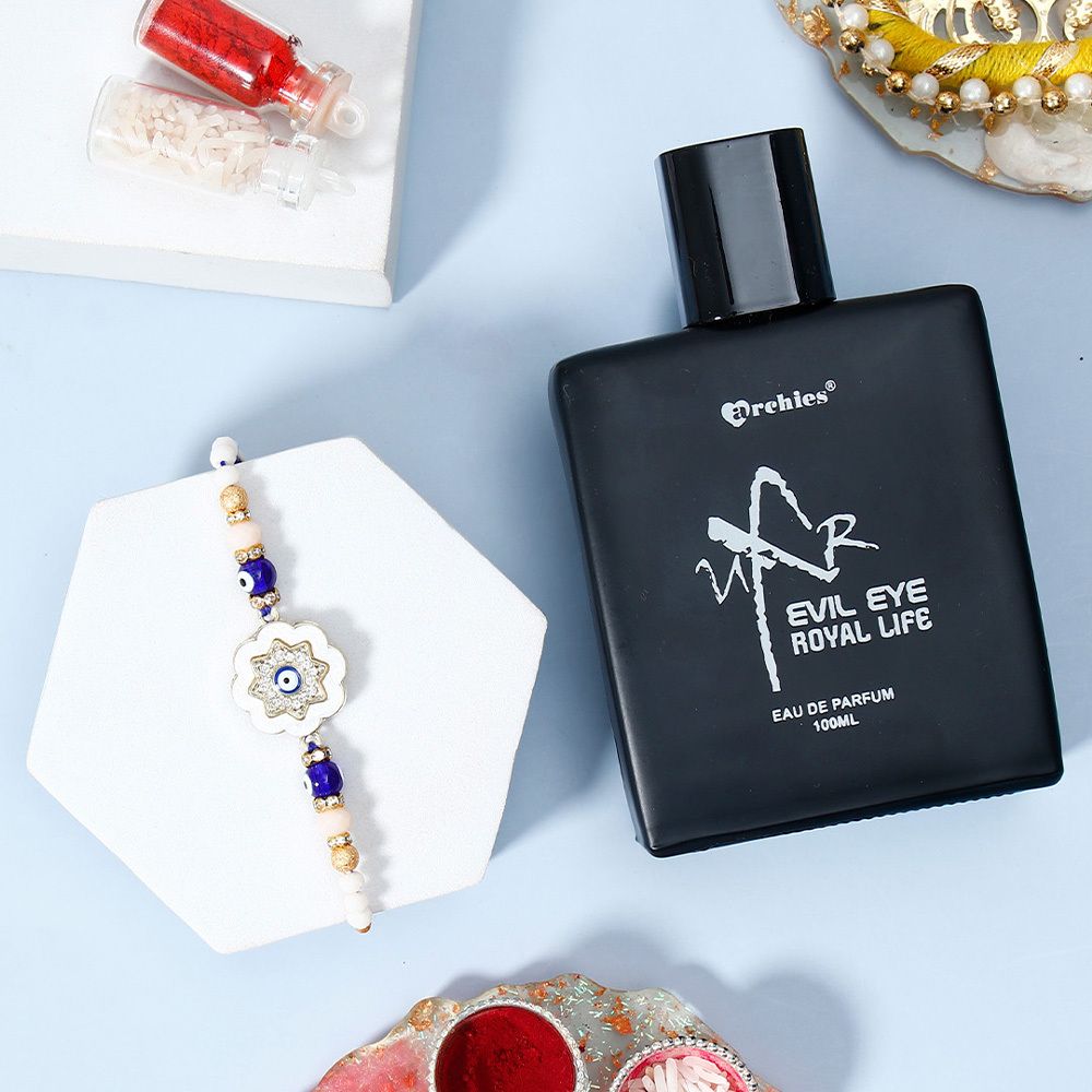 Thread Ivory Flower Evil Eye Rakhi & UXR Royal Life Perfume Set Assorted Rakhi, Perfume Set-image-40
