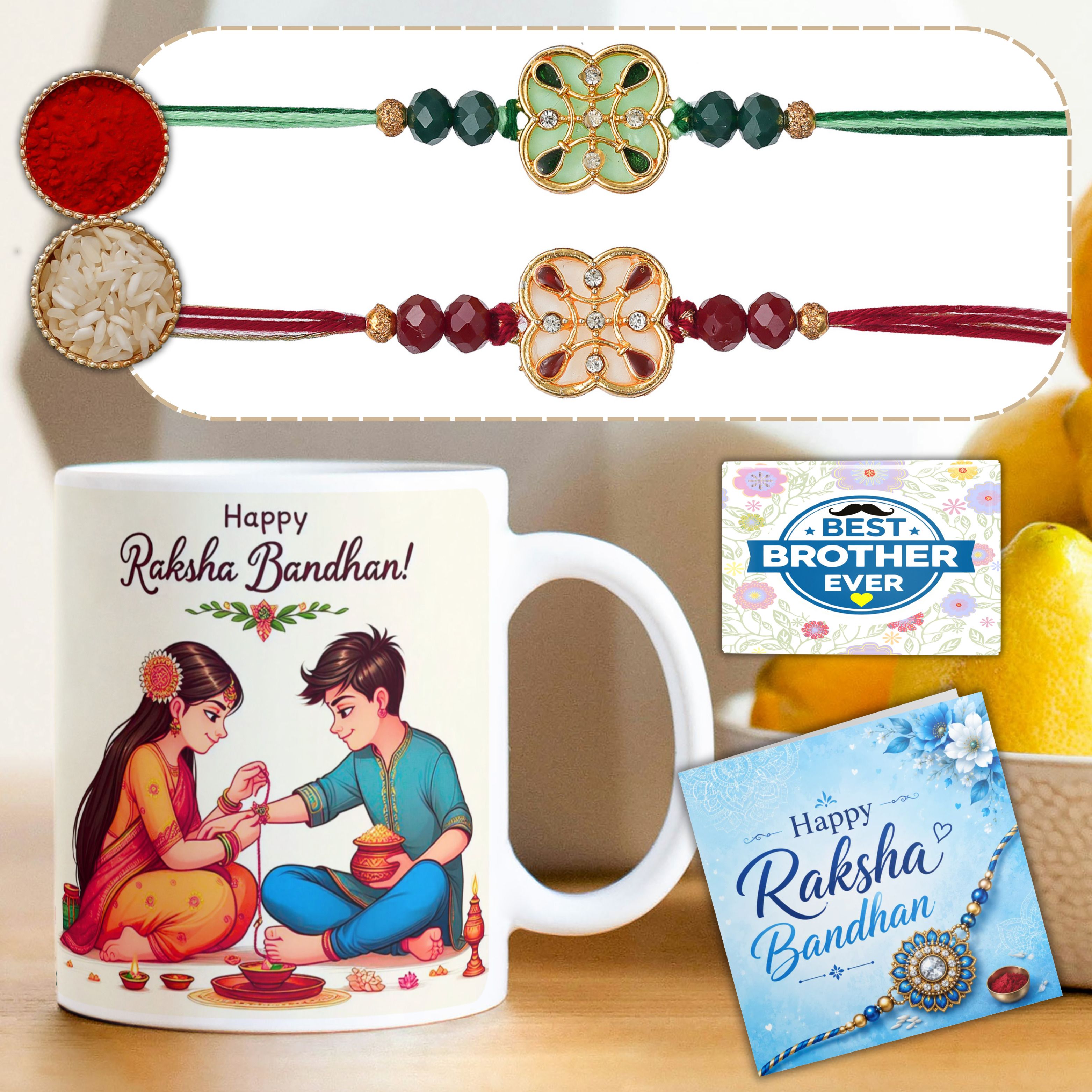 Rudraksh Premium 2 Rakhi Combo for Brother with Mug RKBD2_2Rakhi_FMEG Assorted Chawal Roli Pack, Greeting Card, Rakhi, Mug Set-image-7