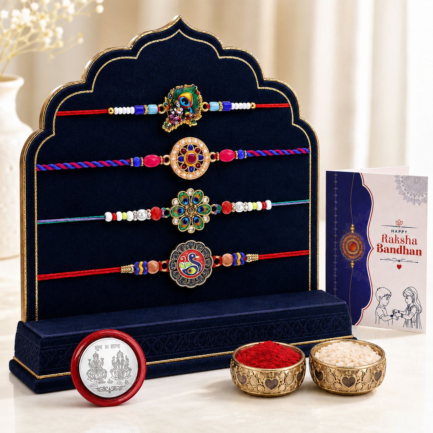 Designer Rakhi With Rakhi|Roli-chawal|Coin|Greeting Card_K4_1957+1845+1860+1861 Assorted Rakhi Set-image-47